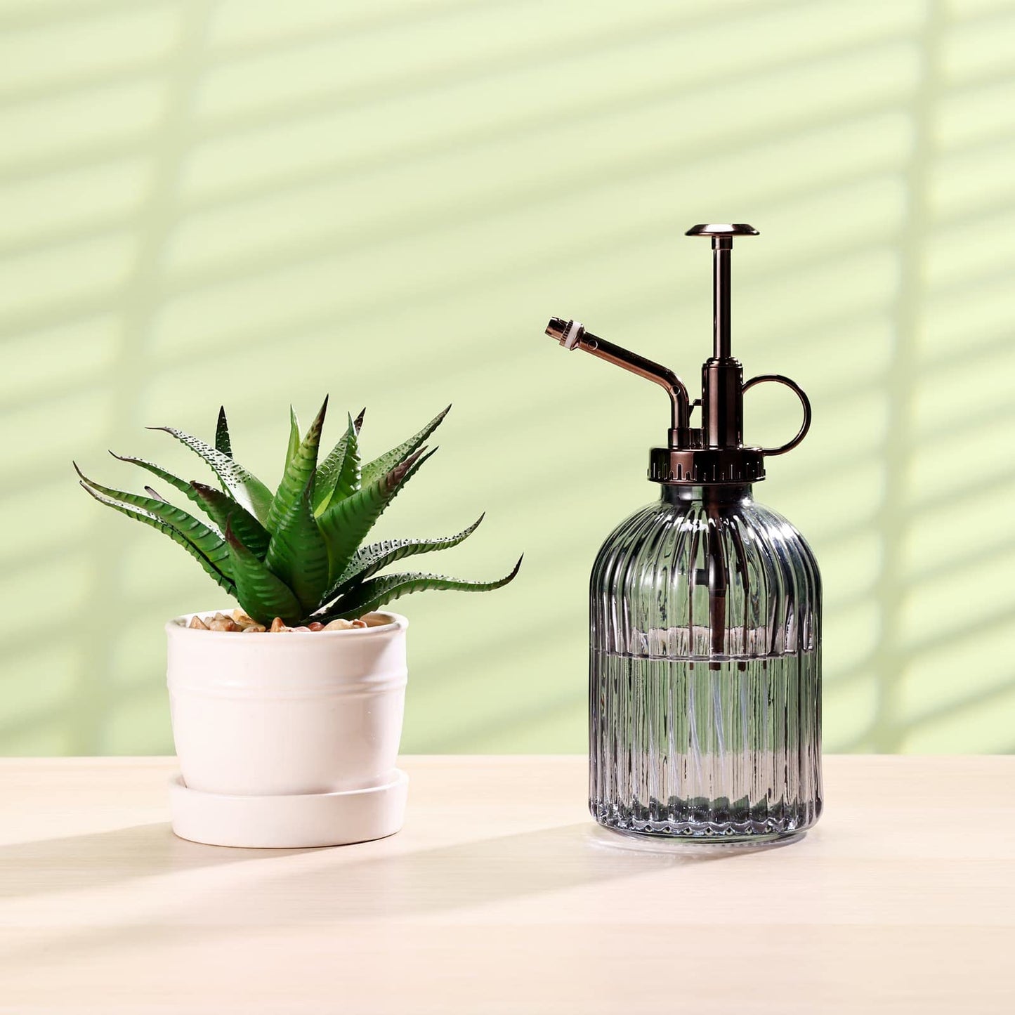 Aebor Glass Plant Mister - 7.5" Green Glass Water Spray Bottle with Gold Top Pump, Indoor/Outdoor Small Plant Sprayer (Gray+Bronze)