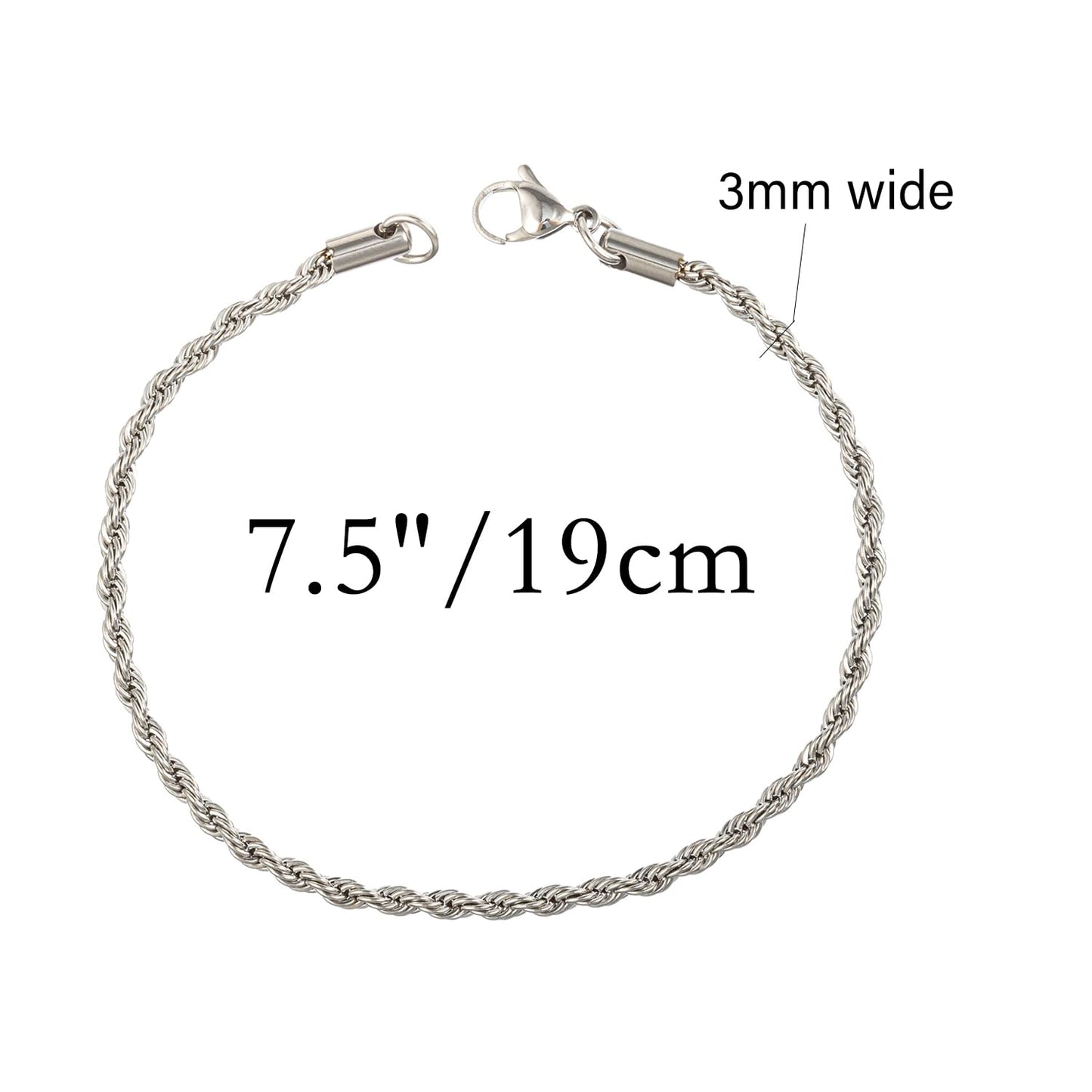 yipima Stainless Steel Rope Link Chain Bracelet for Women Men, Silver Tone / 14K gold Plated 3/4/5/6mm wide Rope Chain Bracelets, 7.5" or 8.3" (stainless steel-3mm, 7.5)