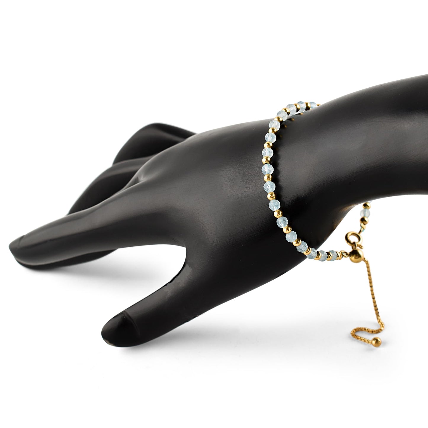 InfinityGemsArt Aquamarine Bracelets For Women March Birthstone Blue Beaded Stone Bolo Slider Chakra Healing Crystals Gemstones 14K Gold Plated Adjustable Chain, Dainty Lightweight Jewelry For Her
