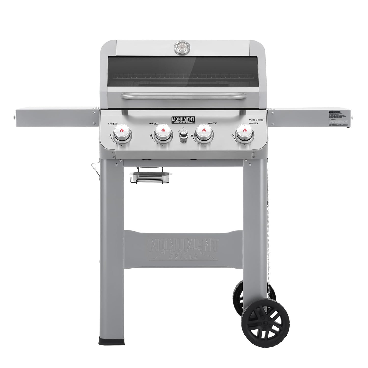 Monument Grills 4-Burner Liquid Propane Gas Grill, Silver Stainless Steel Grill Outdoor Patio Garden Barbecue Grill with Clearview® Lid and One Foldable Shelf, Mesa400MF