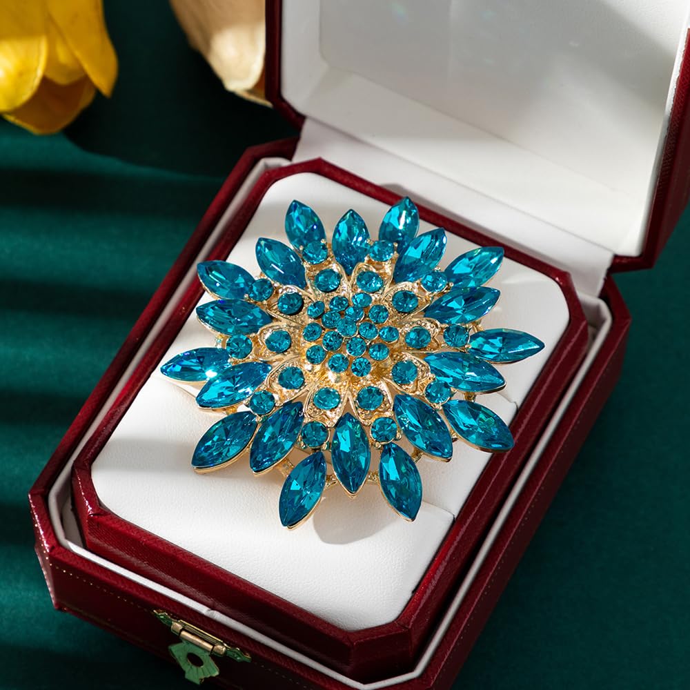 Rhinestone Large Flower Brooches Pins for Women Fashion Sparkly Crystal Sunflower Statement Brooch Unique Wedding Party Suit Dress Jewelry Accessories (Blue3)