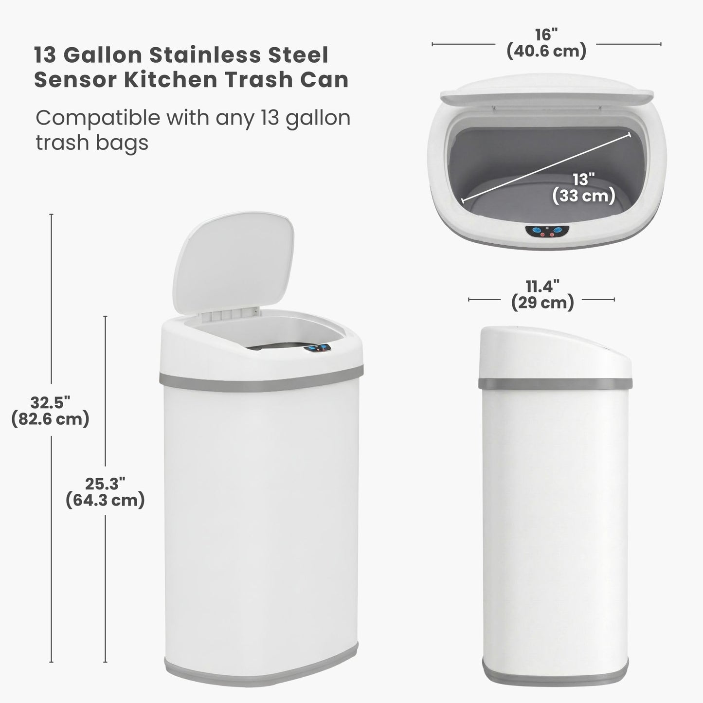 iTouchless 13 Gallon Oval Motion Sensor Garbage Container with Odor Filter, 50L Touchless Stainless Steel Kitchen Bin, Smart Automatic Lid, Fingerprint-Proof, Soft-Close, Brilliant White