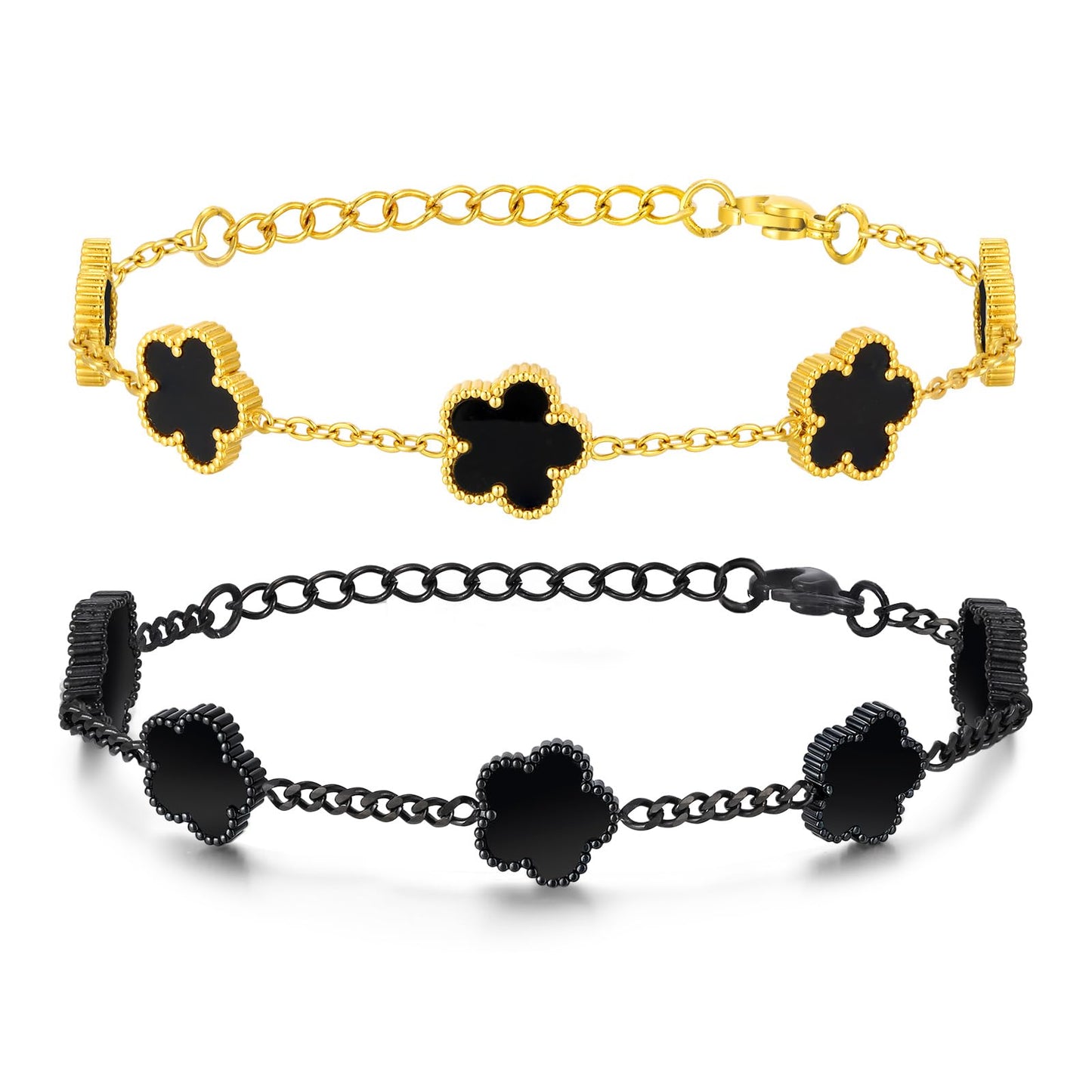 VNOX 2 PCS Floral Bracelets for Men Women -Womens Mens Stainless Steel Gold Cuban Chain Link Bracelet Lucky Charm Four Clover Flower Bracelets Trendy Jewelry Gifts，8