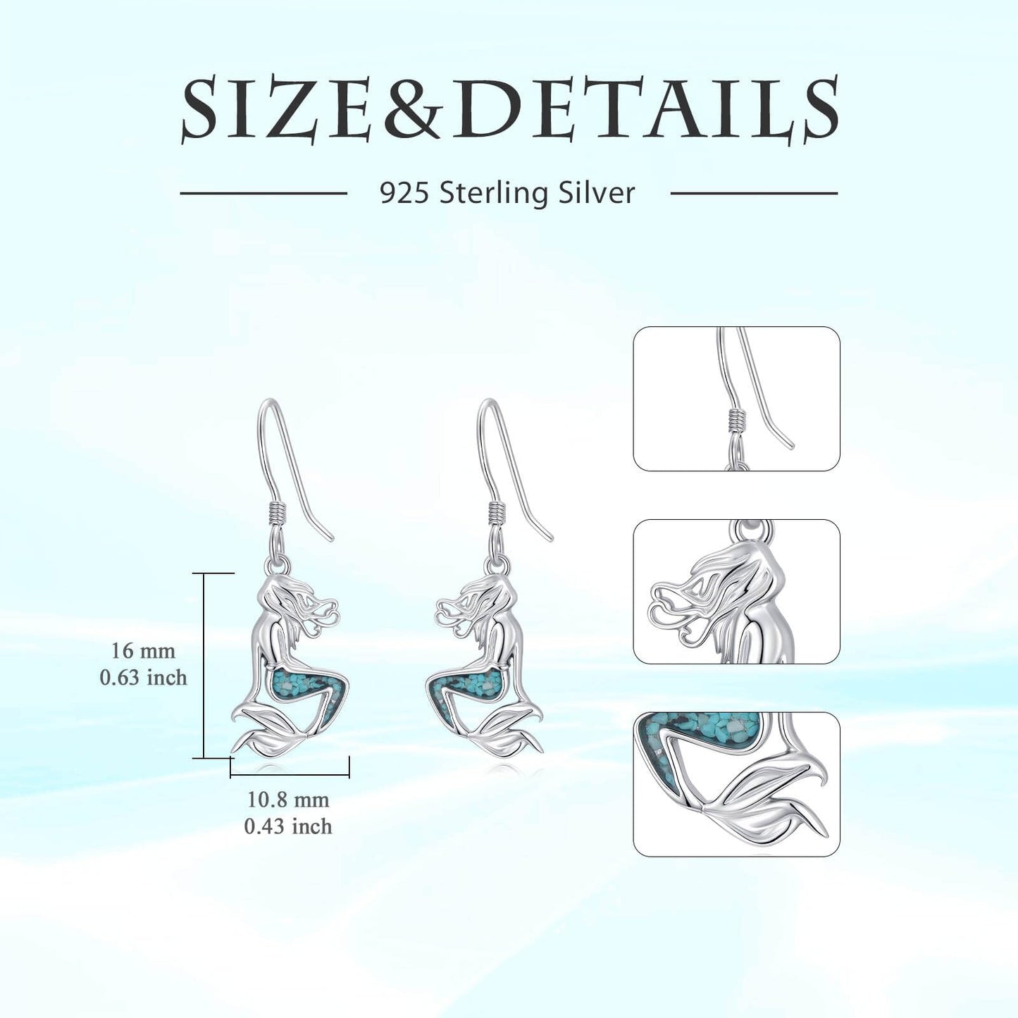 HPQQ Mermaid Earrings 925 Sterling Silver Turquoise Mermaid Dangle Earrings Ocean Beach Themed Jewelry Mother's Day Jewelry Gifts for Women