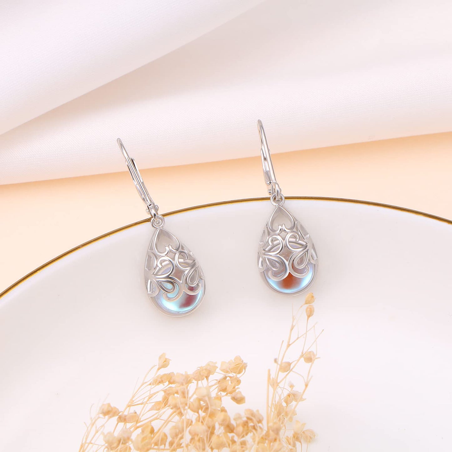 SHAOAN 925 Sterling Silver Filigree Dangle Earrings Moonstone Teardrop Leverback Earrings for Women Jewelry Gifts for Mother’s Day