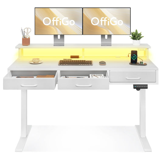 OffiGo Electric Standing Desk with Drawers, 55 Inch Height Adjustable Desk with Power Outlets & LED Lights, Sit Stand Table with Monitor Stand for Home, Office, Workstation, White