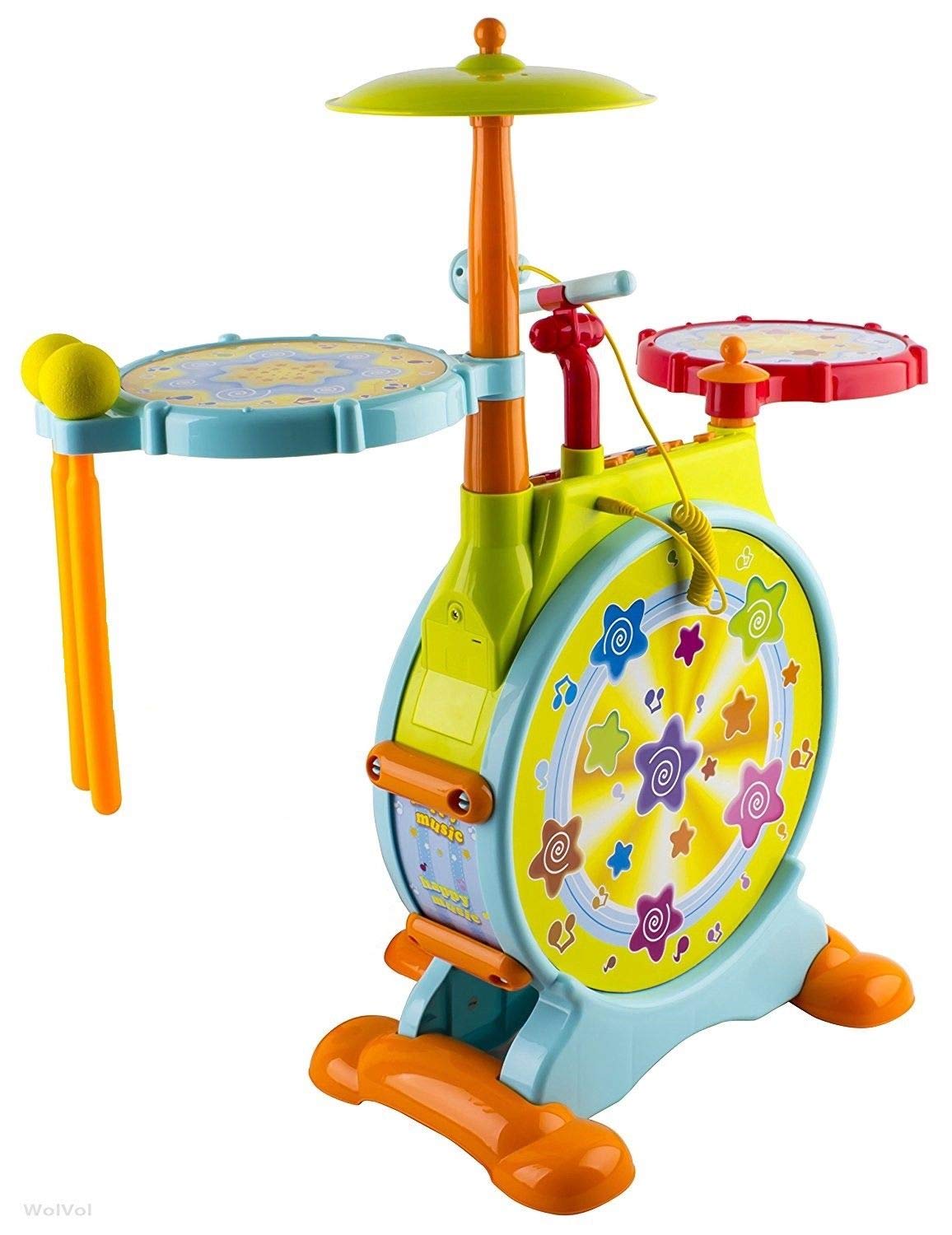 Play Baby Musical Big Toy Kids Drum Set with Adjustable Mic and Seat - Many Functions and Activities for Hours of Play - Pretend to Be A Real Drummer with Drumsticks, Pedals, and Bass Drum