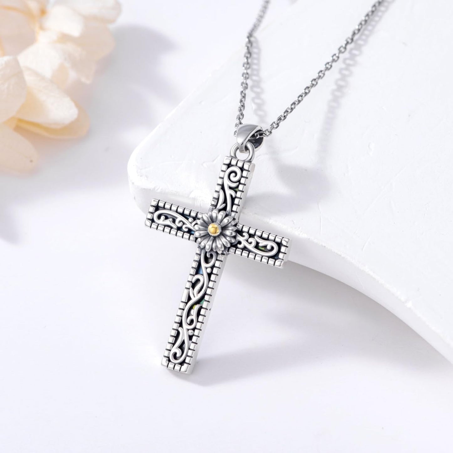 KoyeKei Daisy Necklace 925 Sterling Silver for Women Daisy Flower Cross Filigree Necklaces Pendant Christian Religious Abalone Jewelry Gifts for Mothers Day Birthday Mom Grandma Sister