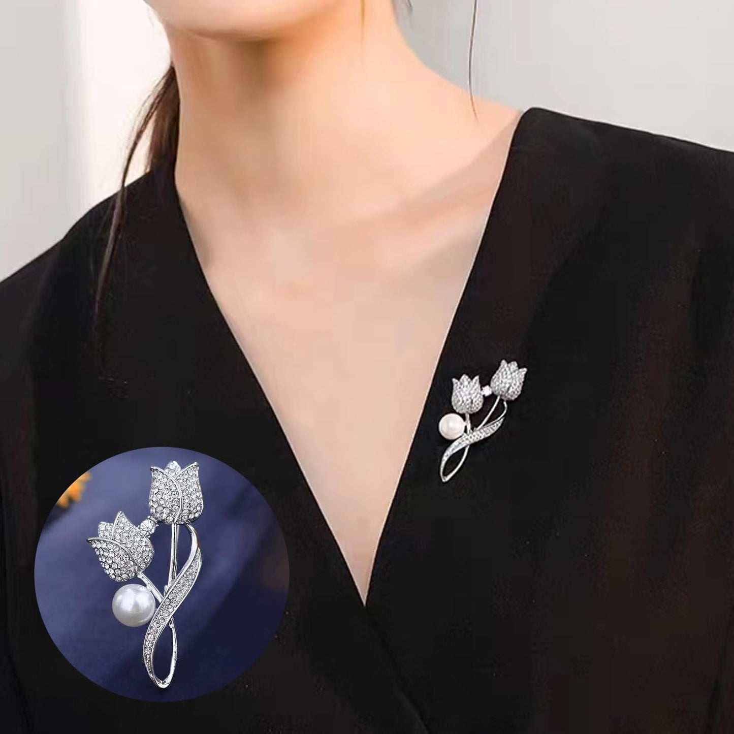 Tulip Flower Crystal Brooches Pins Fashion Beautiful Created Rhinestone Pearl Floral Brooch Good Idea for Party Dance Wedding Banquet for Elegant Women Girl (Silver Tulip)