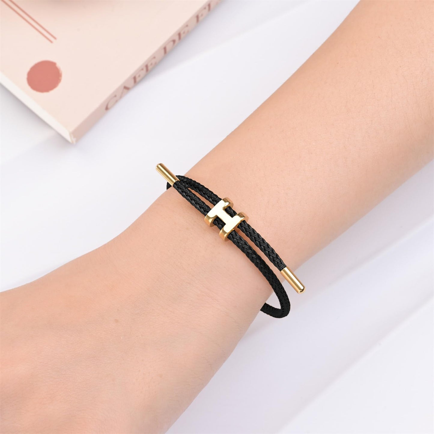 Hothink H Bracelets for Women,H Bangle and H Wire Rope Bracelet Set,Dainty Bracelets Set for Christmas Mothers Day Gifts for Women (Black and White Rope Bracelet)