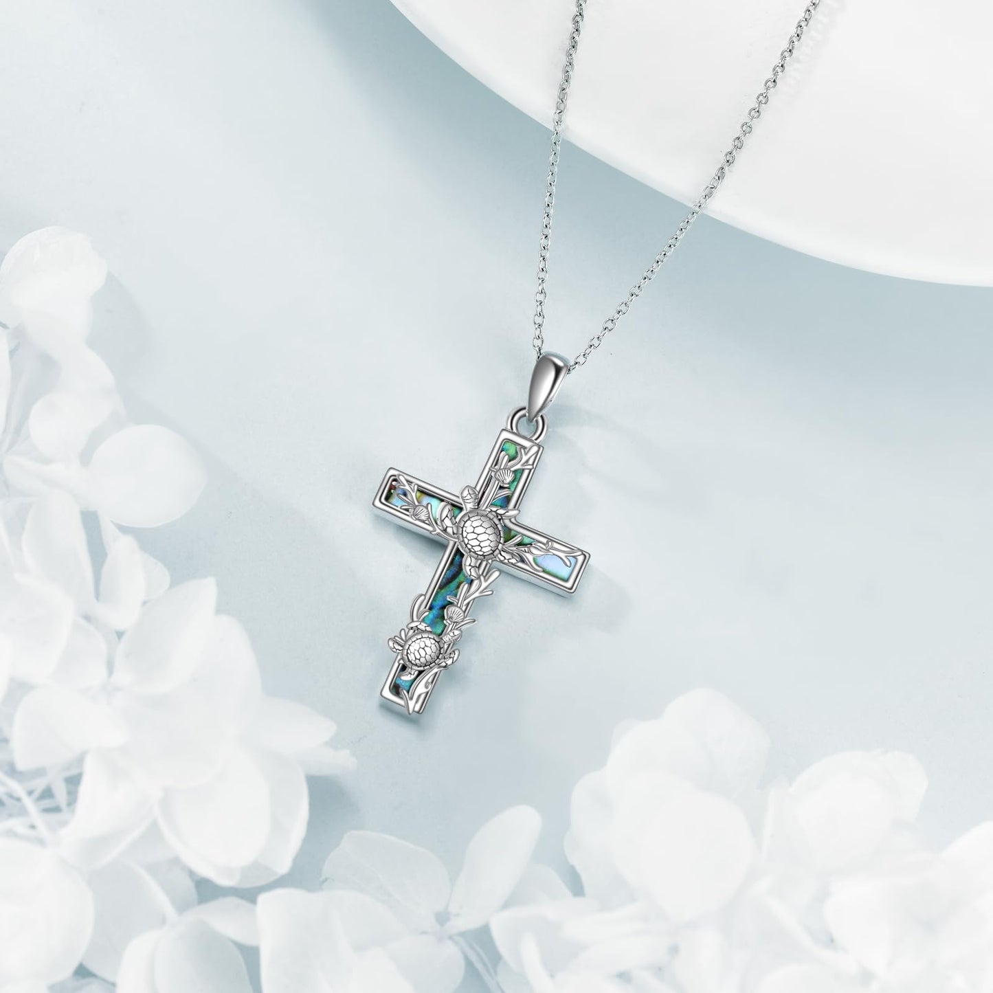 YFN Turtle Cross Necklace Sterling Silver Sea Theme Cross Pendant Abalone Shell Jewelry Religious Christian Baptism Gifts for Her Women