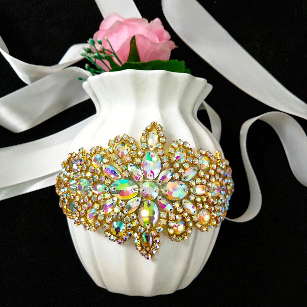 DUOBAO 2PCS Rhinestone Pearl Bead Iridescent Gold Applique Belt Bridal Accessories Crystal Trim Rhinestones Beaded Appliques Wedding Dress Sash Belts Headband DIY
