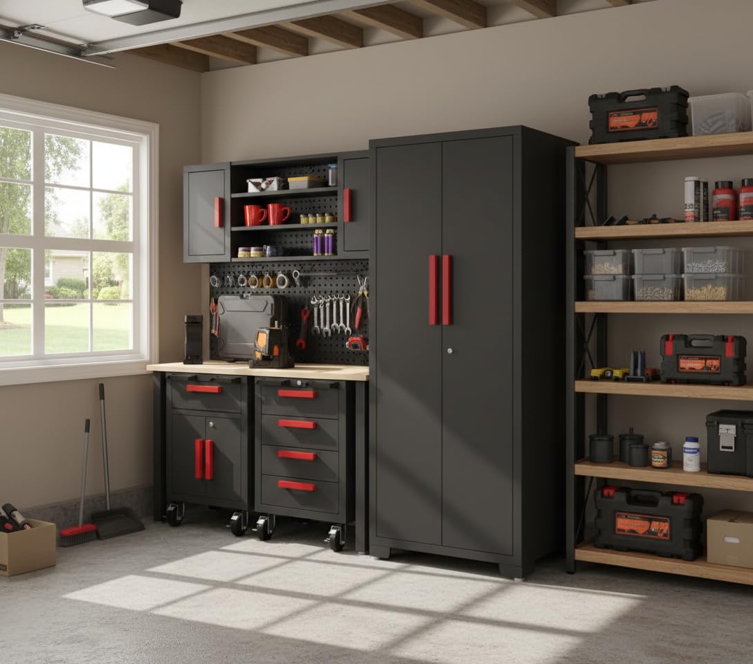 Tsnritor Garage Cabinets Storage System, 6PCS Workshop Set with Steel Cabinet Drawers, Rolling Chest, Workbench, Pegboard for Tool Organization,Grey Red