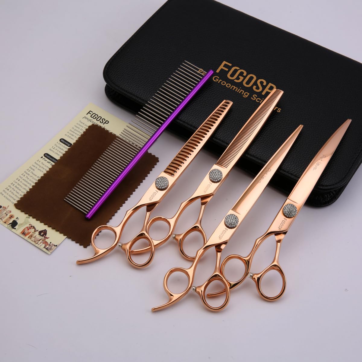 FOGOSP Left Handed Dog Grooming Scissors Set 4PCS Rose Gold Titanium Curved Thinning Straight Chunkers Shears Kit with White Artificial Diamonds Ergonomic Offset Handle Japan 440C