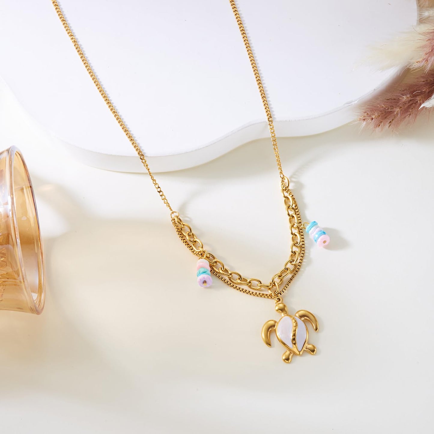 Harlermoon Gold Starfish Necklace for Women - 18K Gold Plated Stainless Steel Ocean Beach Jewelry, Sea Turtle Shell Pearl Pendant, Waterproof Non Tarnish Snake Chain Choker, Summer Vacation Mermaid Gifts (Turtle Box Chain)