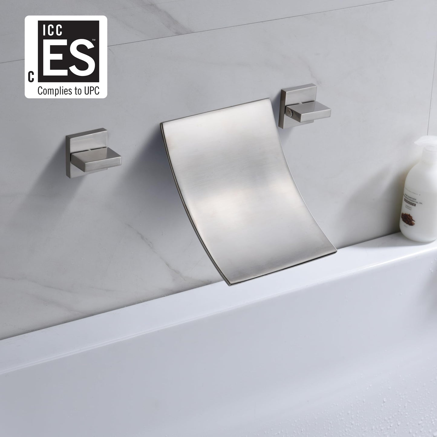 SUMERAIN Wall Mount Waterfall Tub Faucet 3 Hole Brushed Nickel Bathtub Faucet, Extra High Flow Rate