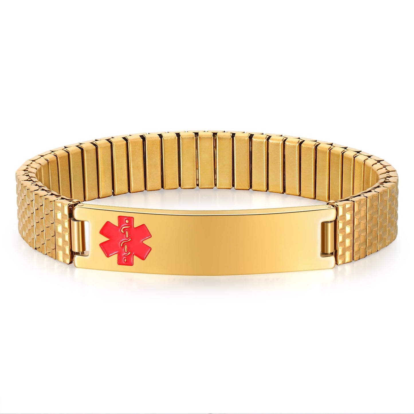 Personalized Medical ID Bracelets for Men - Custom Emergency Alert Bracelet for Women Engraved Medic Info Elastic Stainless Steel Bracelets for Family Autism Allergy Diabetic Epilepsy (Gold, 19.5cm)