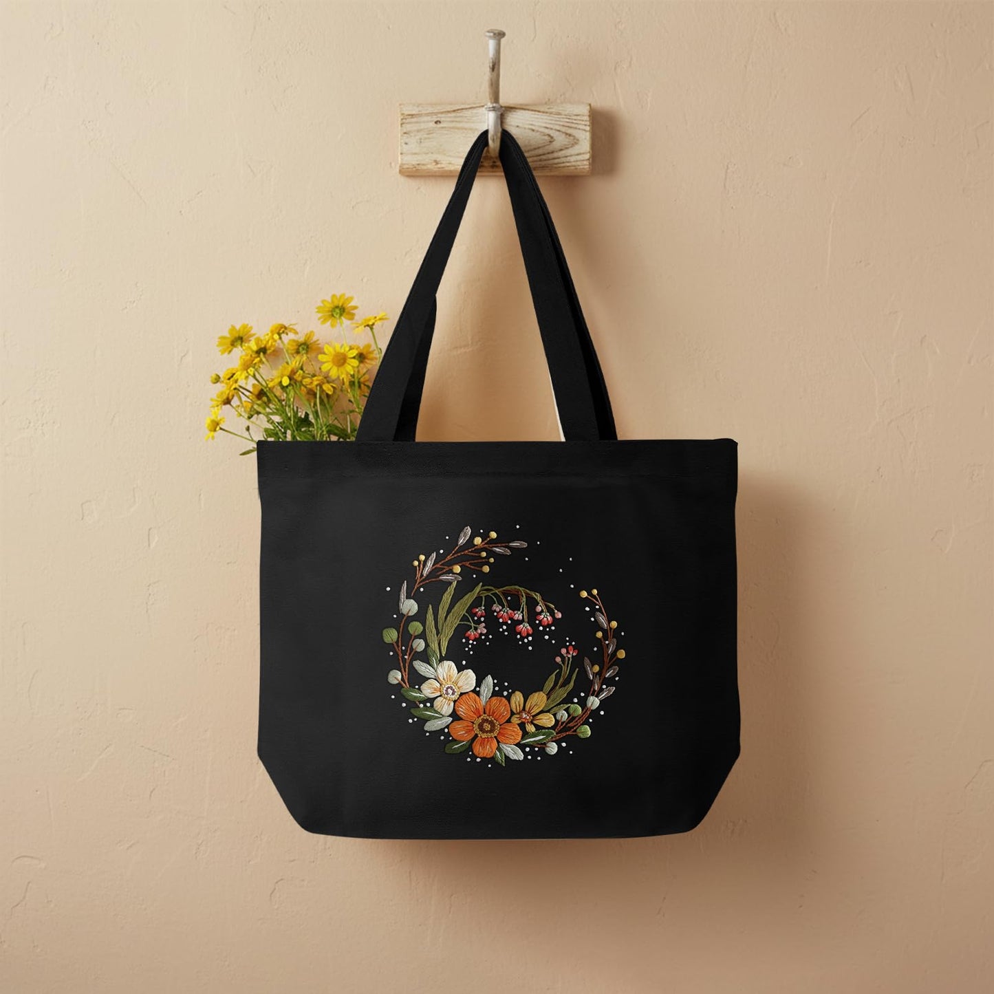 ERKOON Canvas Tote Bag Embroidery Kit for Beginners, Floral Arts Crafts Cross Stitch Kits for Adults Including Stamped Embroidery Bag with Hoops, Needle, Instruction and Color Threads (Flower)