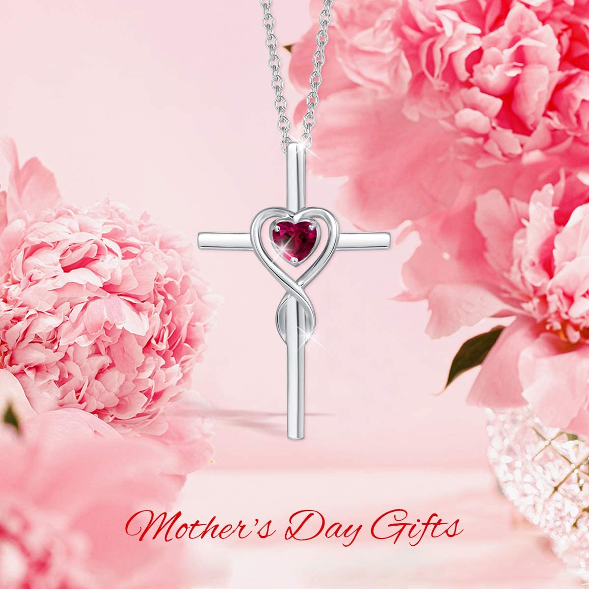 FANCIME Ruby Cross Necklace For Women Sterling Silver Birthstone Necklace Ruby Infinity Heart Cross Pendant July Birthstone Jewelry Gifts Valentines Day Gifts for Women