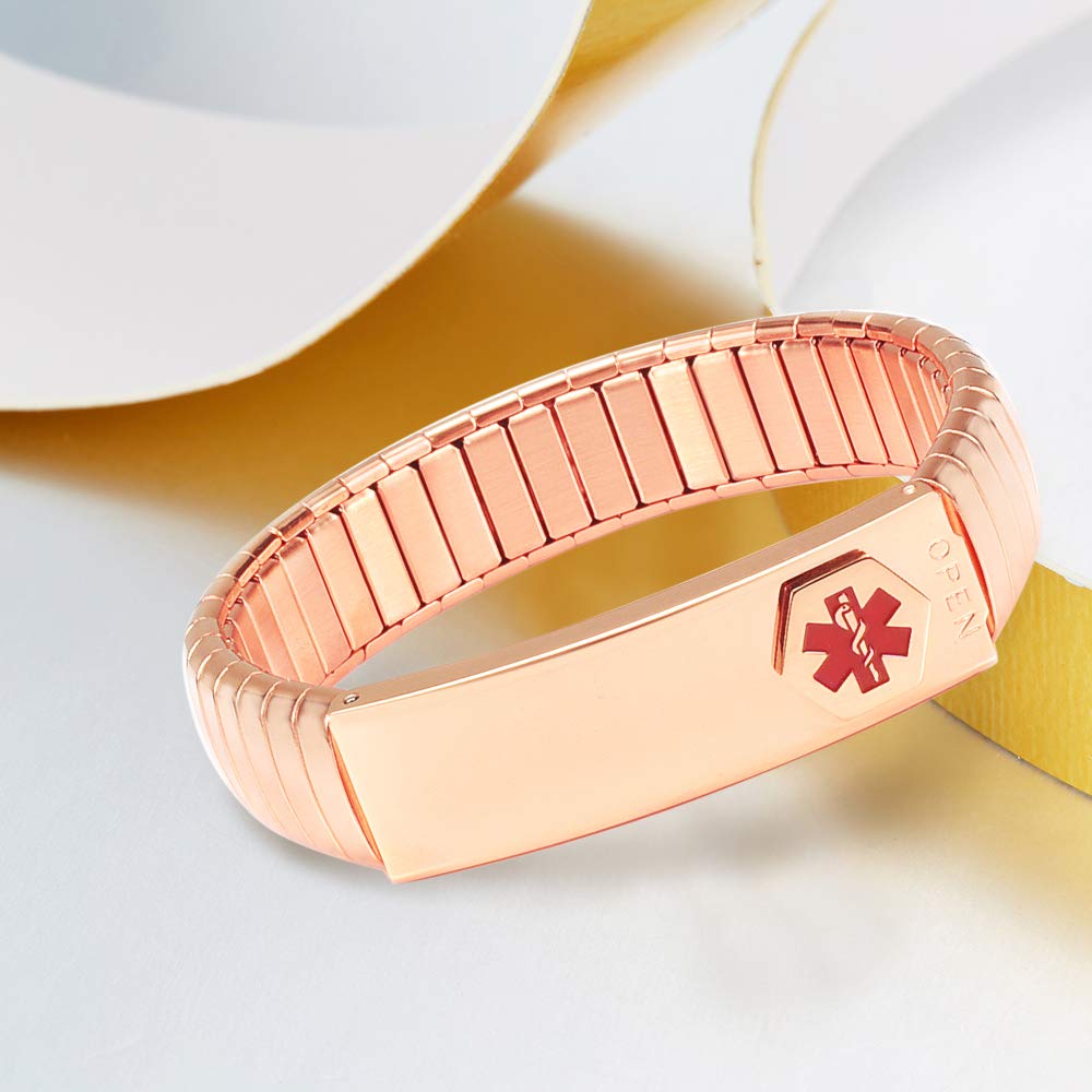 EnerMagiX Medical Alert Bracelets for Men Women, Medical Id Bracelets Elastic Stainless Steel Personalised (Put Details in Lift Up Section, Customized Medical Card+Strips Free) (Rose,7.08'')