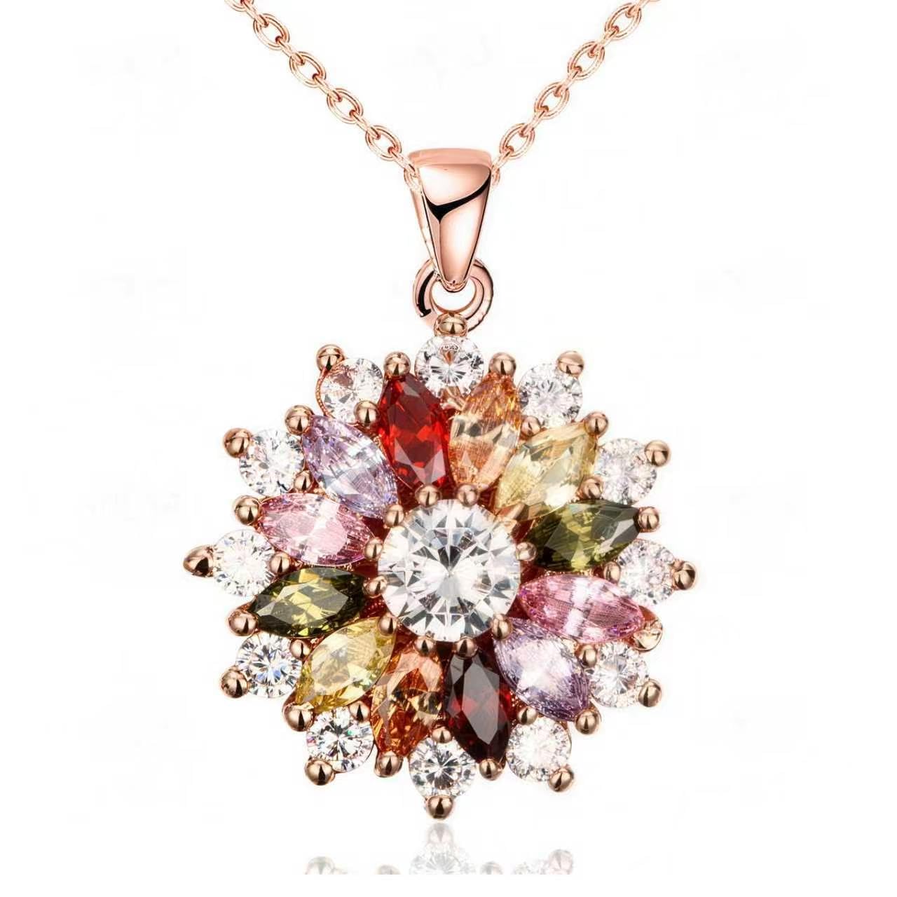 Kim Carrey Italian Elegant Rose Gold Necklace for Ladies | 18K Rose Gold Plated Necklace Pendant for Women | Gemstone necklace, Gift for Daughter, Wife, Mom, Her Jewelry (Seven-Color Flower)