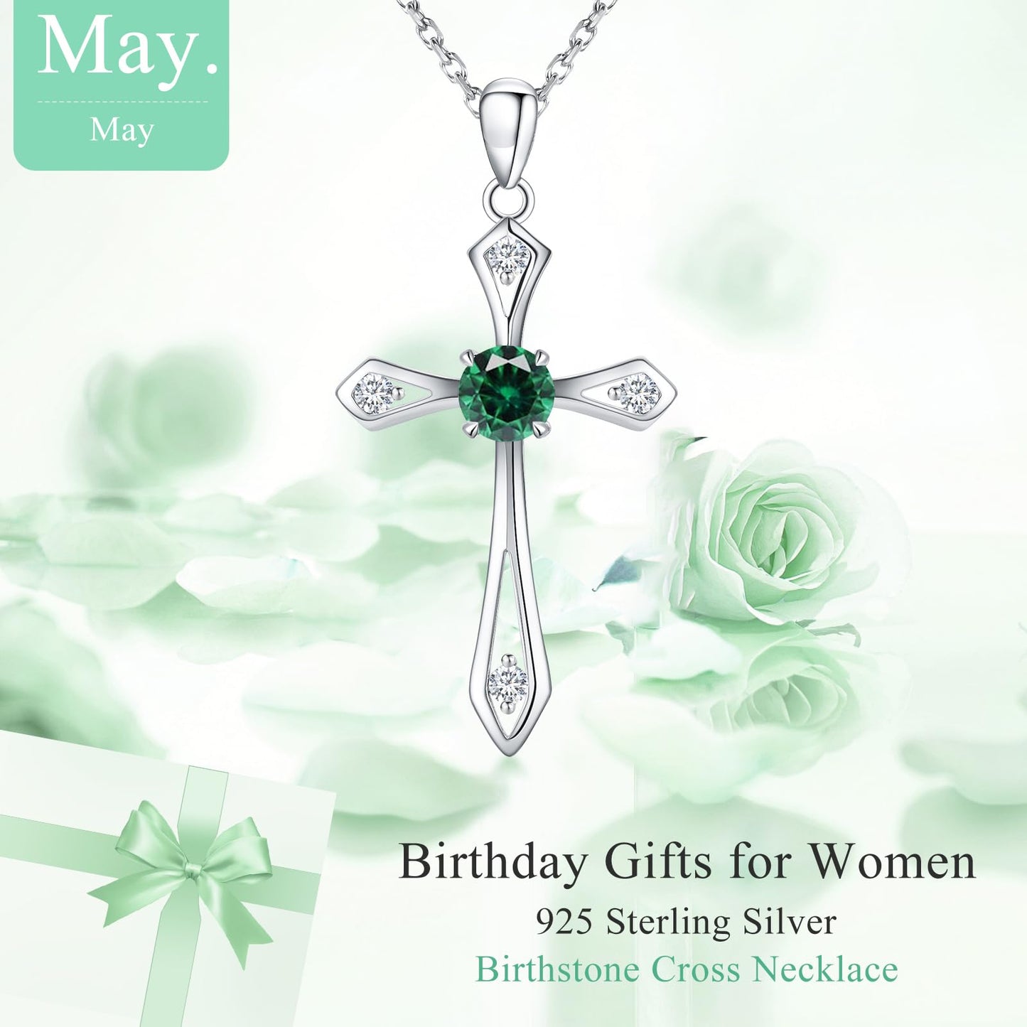 Cross Necklace for Women ,925 Sterling Silver Emerald-May Birthstone Necklace Cross Pendant 5A CZ 12 Birth Months Faith Religious Fine Jewelry Valentines Birthday Holiday Gifts for Her Wife Mom