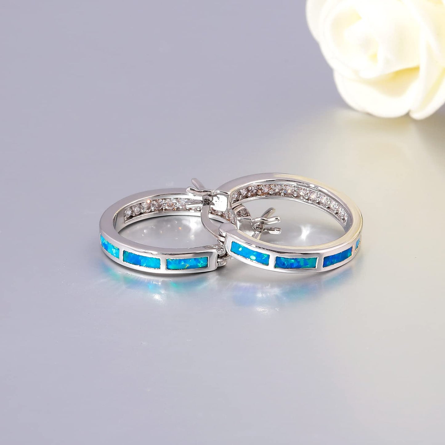 CiNily Women's Hoop Earrings for Her Blue Opal Earrings White Gold Plated Hypoallergenic Small Round Ear Hoops Ladies White Gemstone Hoop Earrings Jewelry 20mm