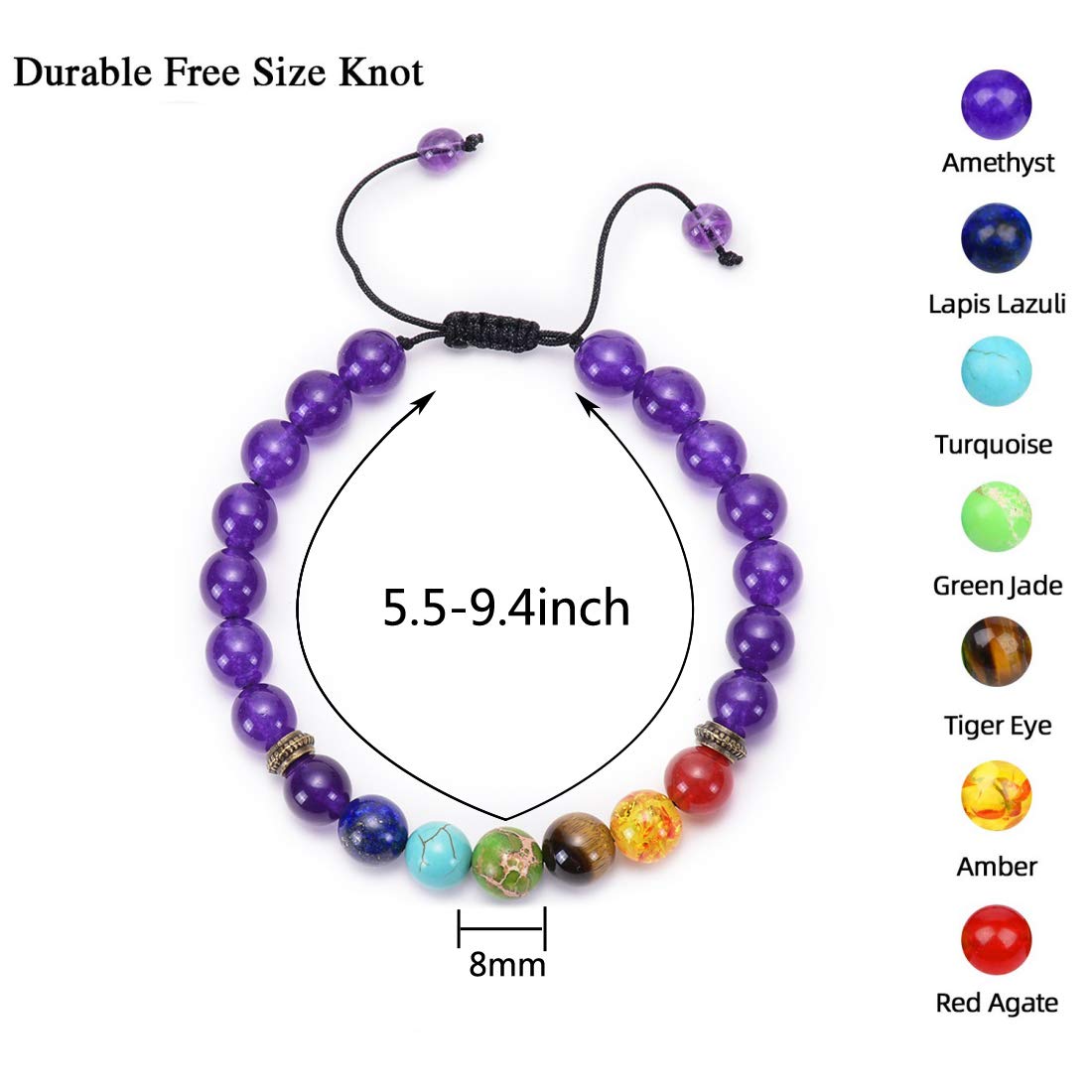 GelConnie Bead Chakra Bracelet 7 Chakras Healing Crystals Bracelet Natural Amethyst Braided Rope Bracelets Energy Balance Yoga Stone Bracelets Meditation Relax Anxiety Bangle for Women, Men