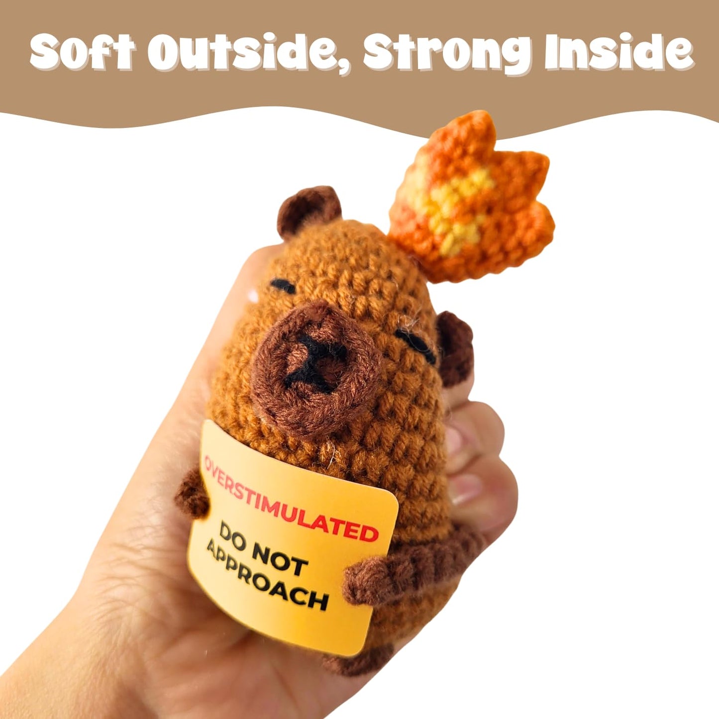 Overstimulated Do Not Approach Desk Sign, Handmade Crochet Capybara Plush with Card, Mini Desk Decor with Wooden Stand, Gift-Ready Organza Bag, Funny Office Cubicle & Home Office Gift
