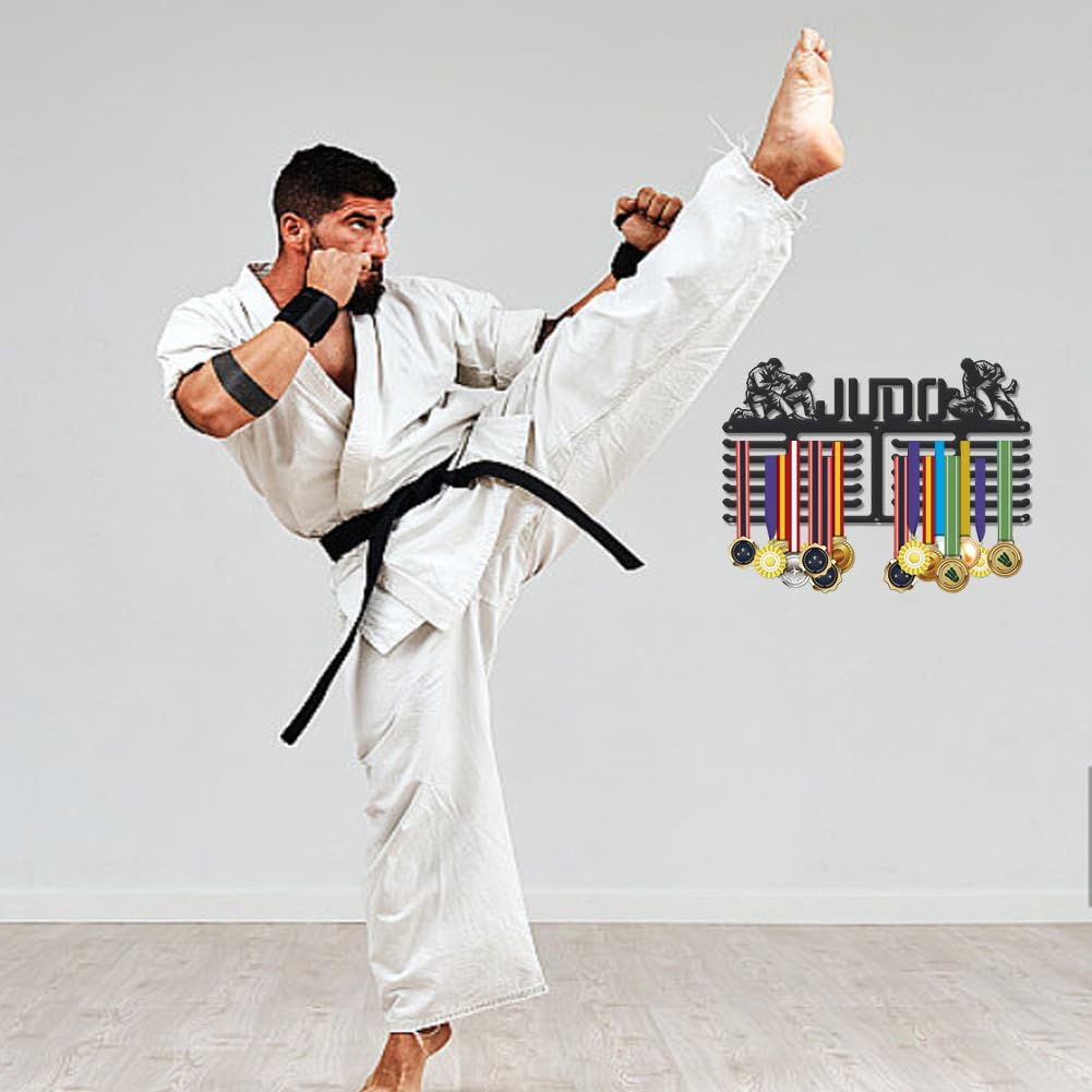 SUPERDANT Judo Medal Hanger Display Sports Medal Holder 6 Rows Wall Mount Judo Medals Hanging Hook Black Metal Display Rack Hangers Iron Race Ribbon Award Organizer for Athletes Player
