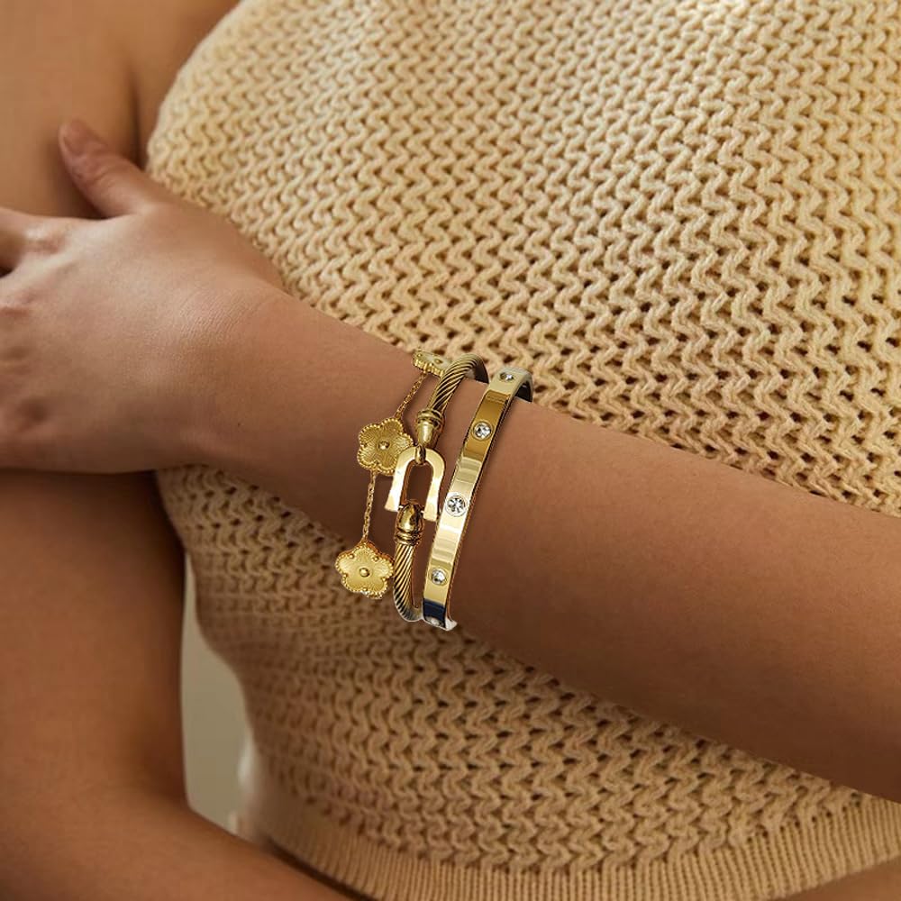 Belt Buckle Bracelets set for Women 3Pcs Stackable Love Bangle 18K Gold Plated Clovers Bracelet Floral Bracelet Set Trendy Gifts for Women