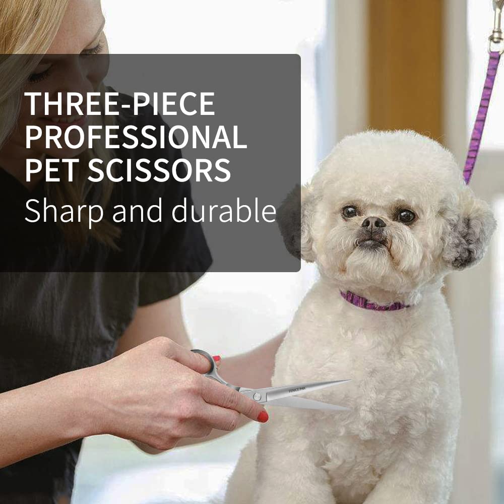 Fenice Peak 3pcs Dog Grooming Scissors Set Straight Thinning Curved Shears Stainless Steel Shears for Pet Grooming Sharp and Durable with Case Suitable for home users and Professional Groomer