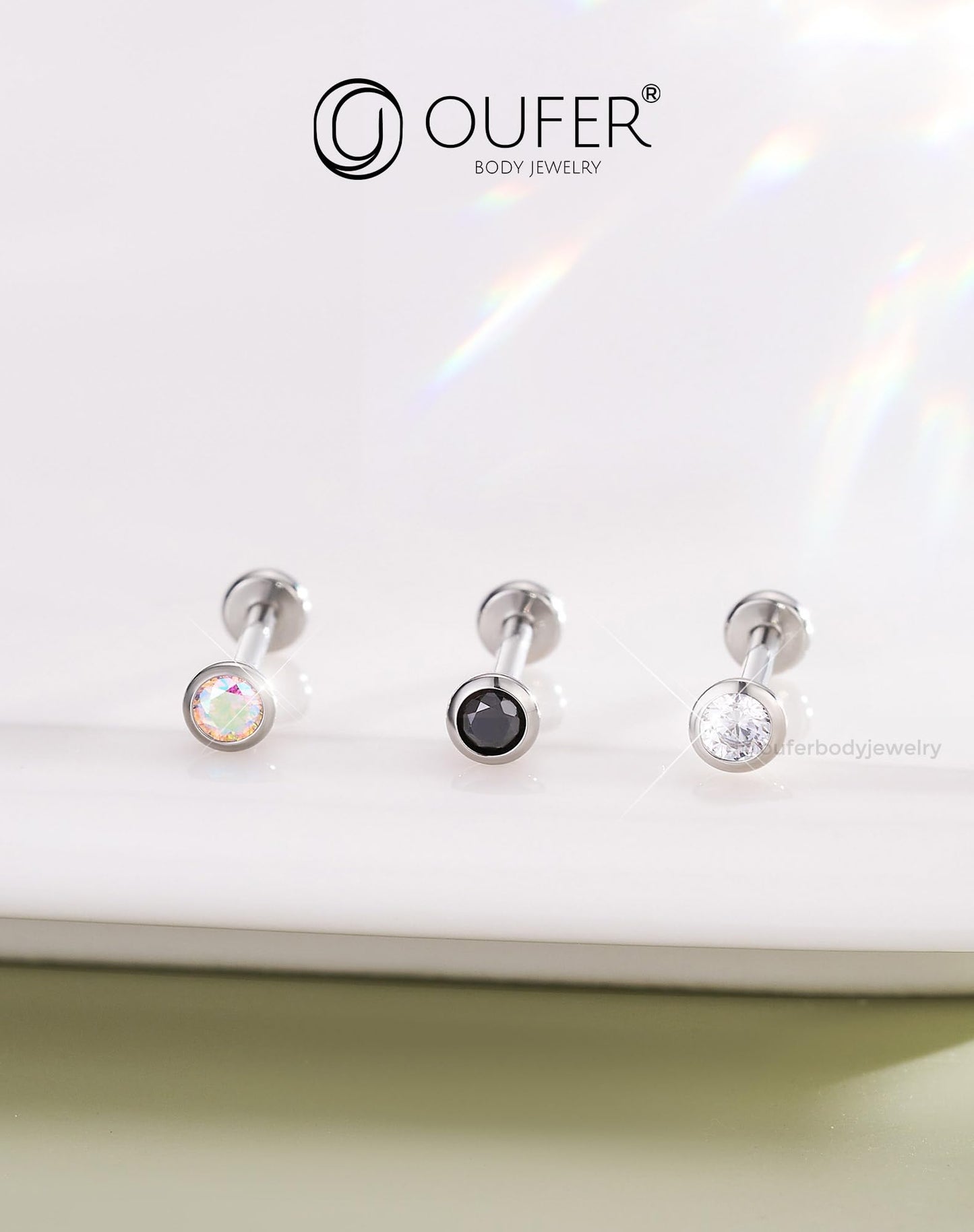 OUFER 2Pcs AB Nose Studs, 20G G23 Solid Titanium Threadless Nose Studs 2.5MM Flat Back Tiny CZ 2.5MM Nose Nostril Piercing Jewelry-7MM