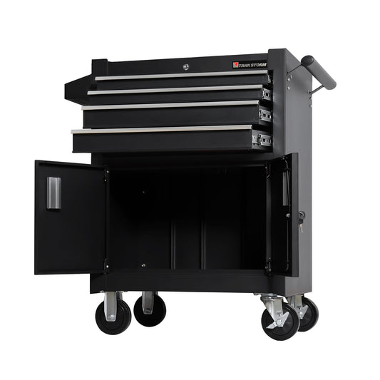 TANKSTORM 26" Professional Tool Chest Heavy Duty Cart Steel Rolling Tool Box with 4 Lockable Drawers and Doors/Profossional Grade (TZ64-BK)