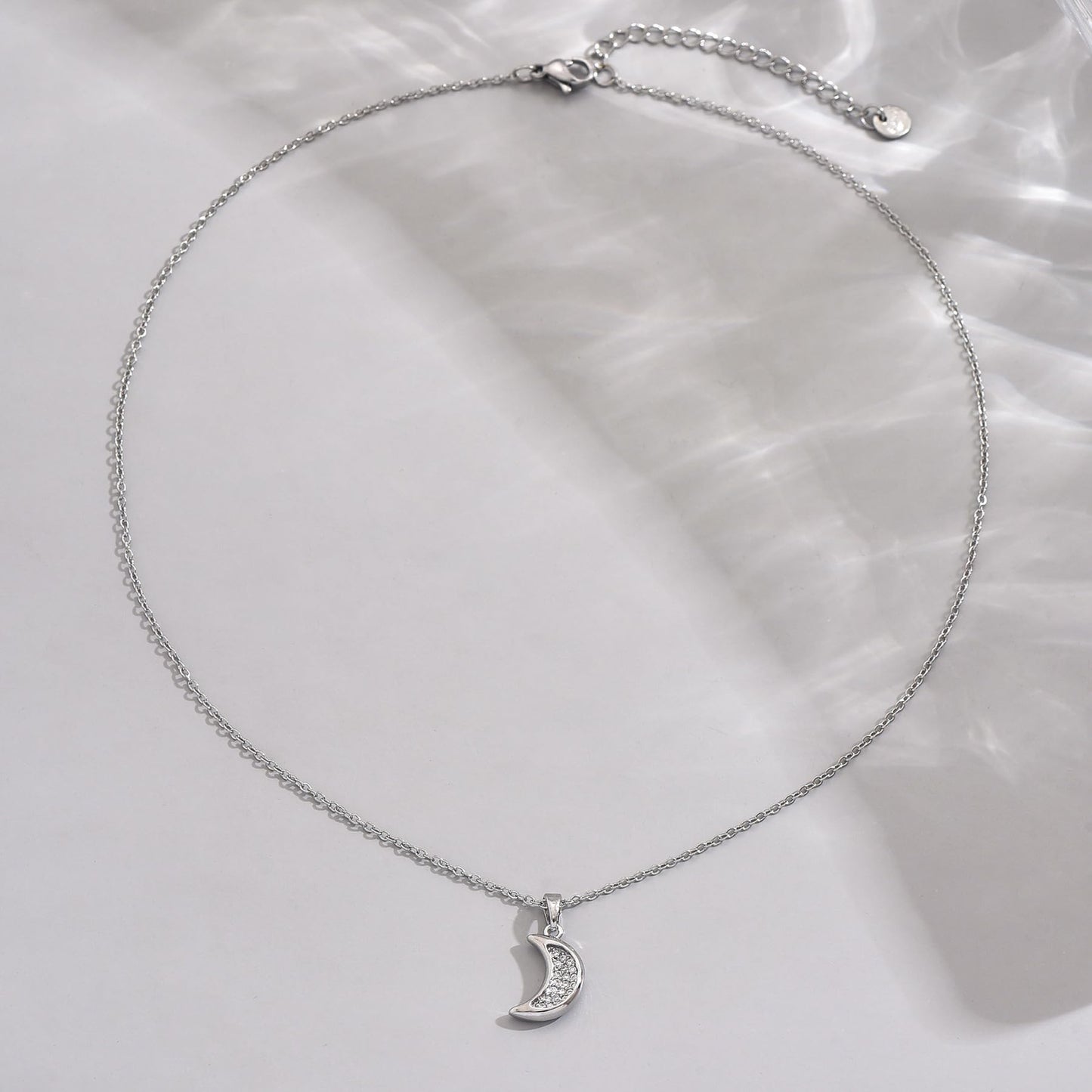 NONAMOIS White Gold CZ Diamond Moon Pendant Necklace for Women Dainty Stainless Steel Crescent Moon Choker Necklace Trendy Non Tarnish Jewelry
