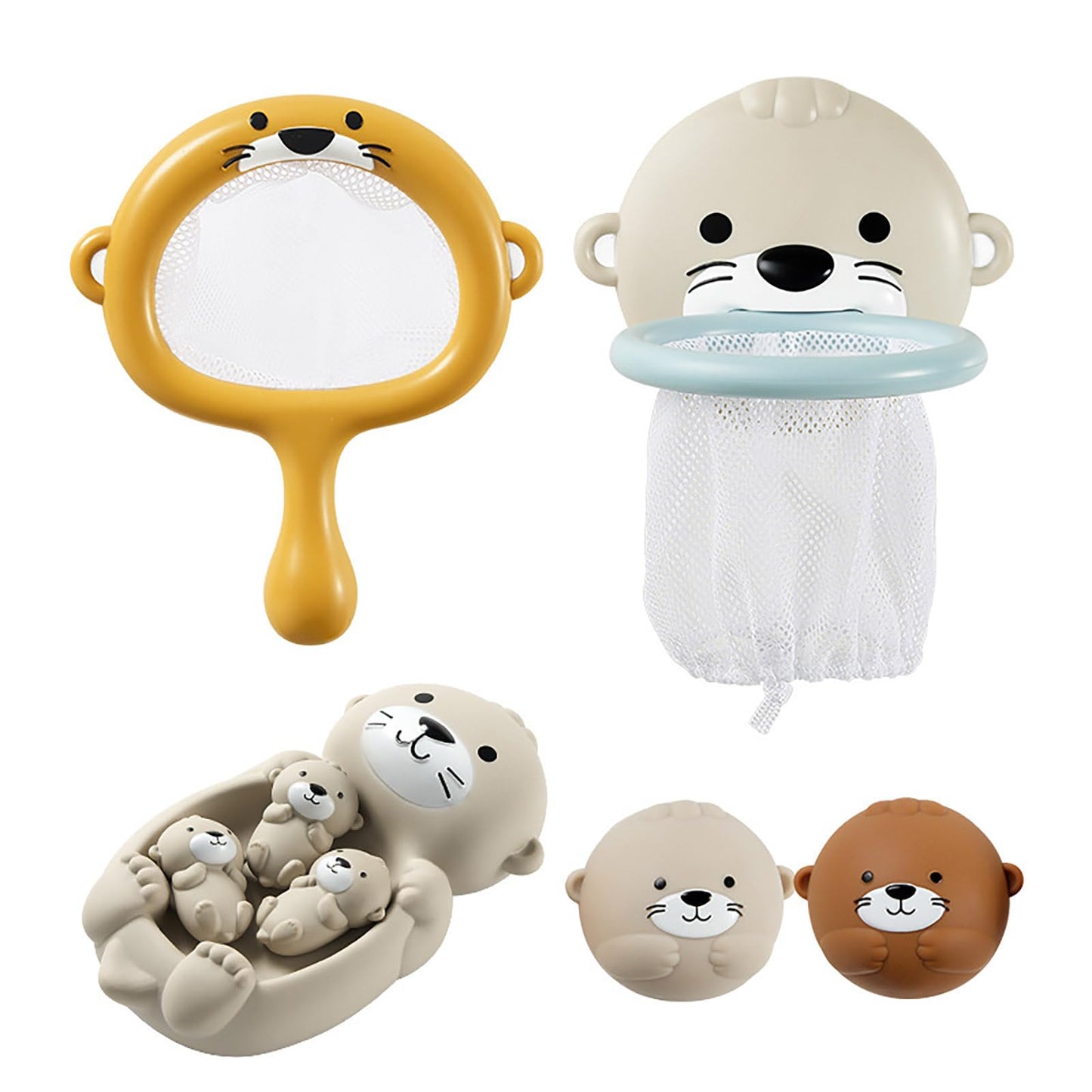 Rinnland Otter Bath Toy, Otter Family Tub Toy Bathtub Floating Toy for Kids - Soft Vinyl and ABS Plastic Material - No Hole One-Piece Design (Otter Playset + Baketball Hoop + Fishing Net + 2 Balls)