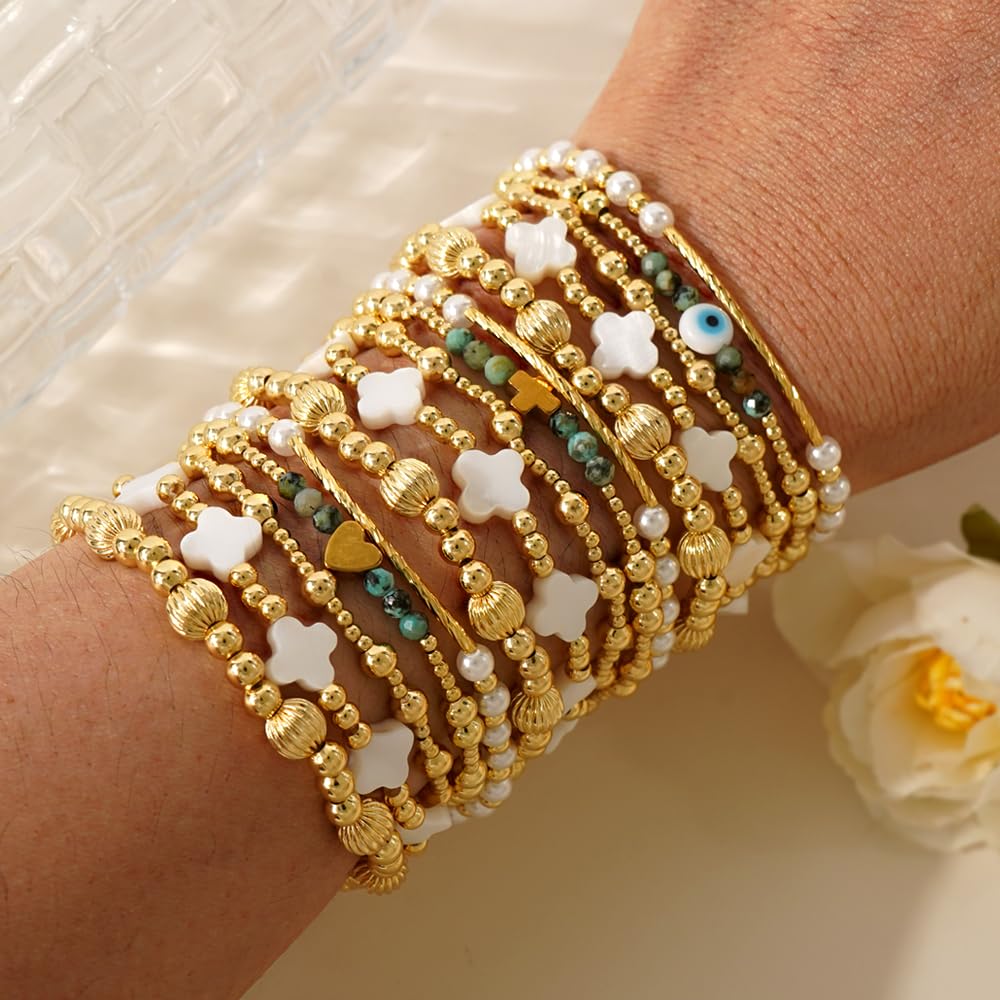 SHINUS BOHO Cross Clover Pearl Gold Beaded Bracelet Stack for Women,5PCS Dainty Handmade Boho Gold Plated Latern Beads Stackable Bracelets Set Fashion Prom Holiday Accessories Jewelry Gift Friendship