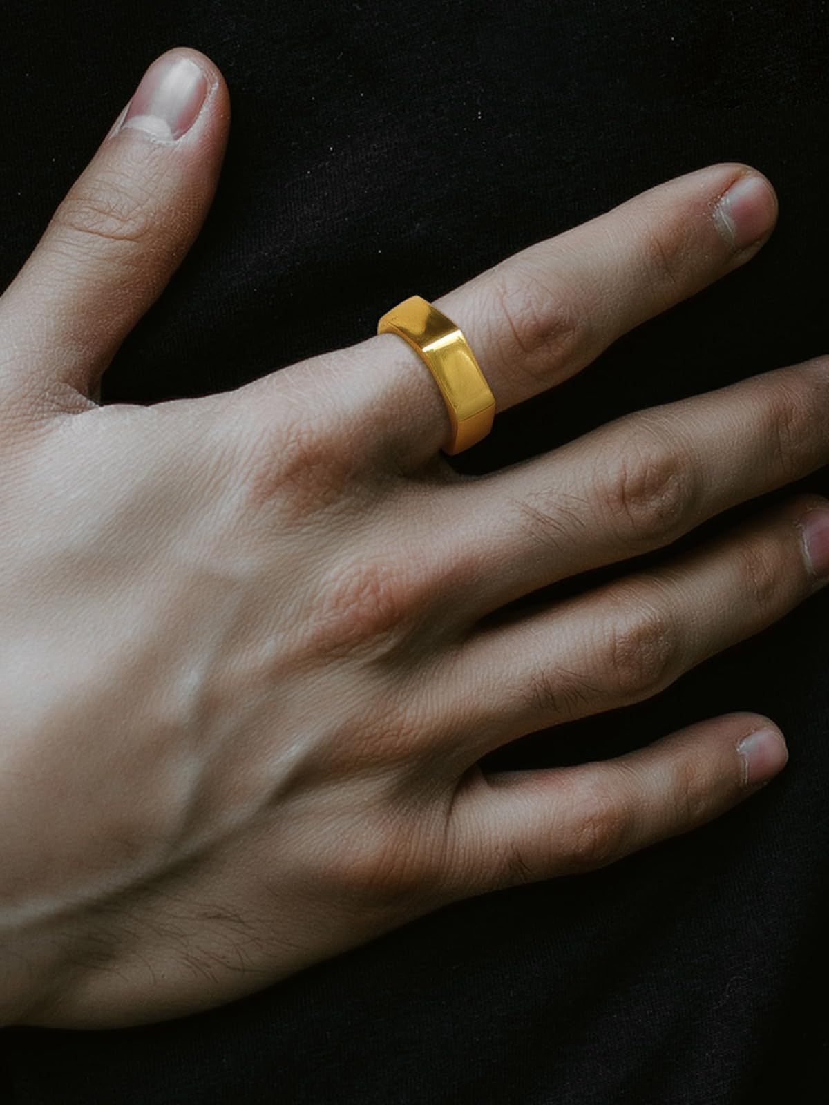 ChainsHouse Personalize Simple Band Rings 18K Gold Plated Geometric Hexagon Biker Ring for Men Women, Size 9