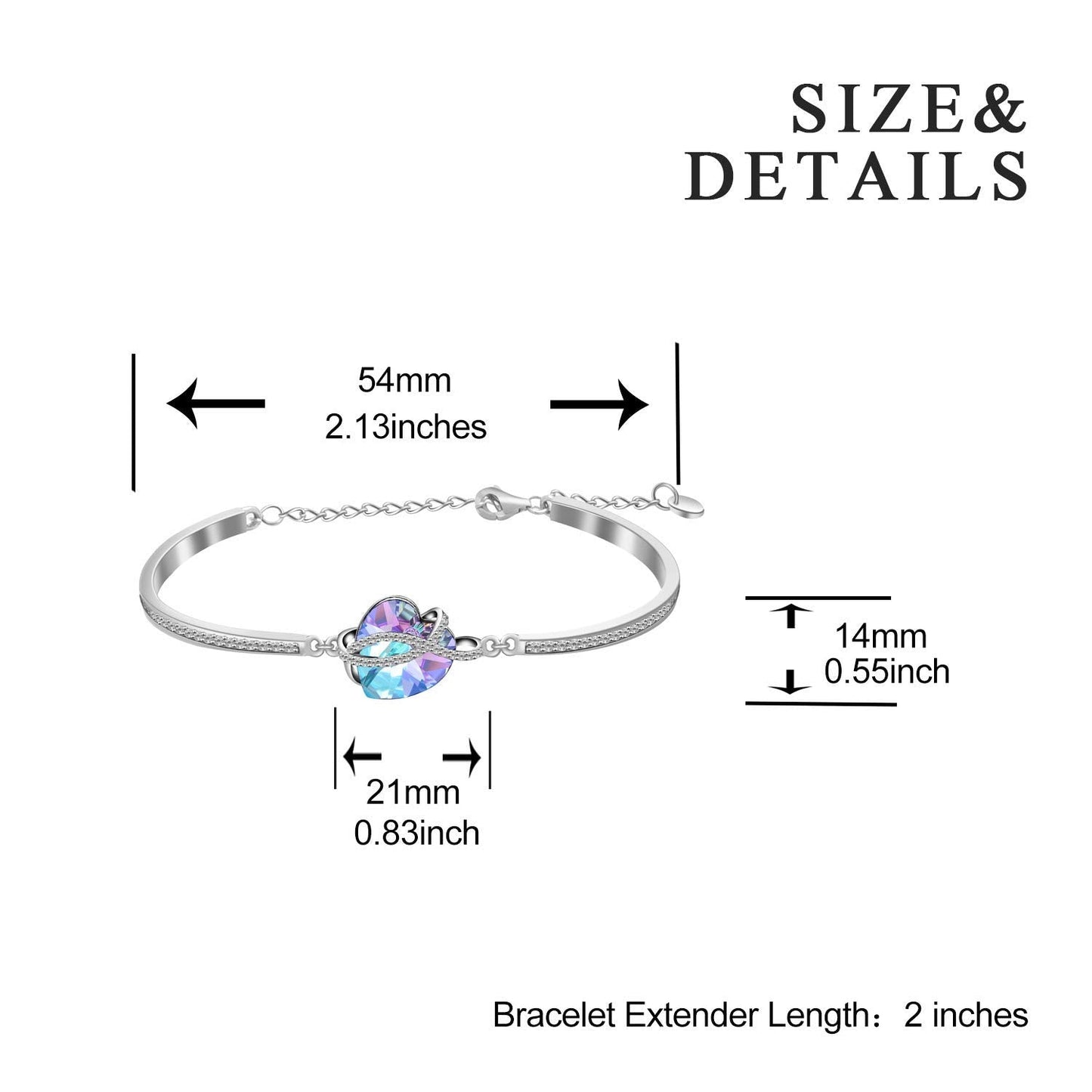 AOBOCO Infinity Heart Bangle Bracelet Sterling Silver I Love You Women Bracelet with Blue-purle Crystals from Austria, Fine Anniversary Birthday Jewelry Gifts for Her Wife Girlfriend Daughter Sister