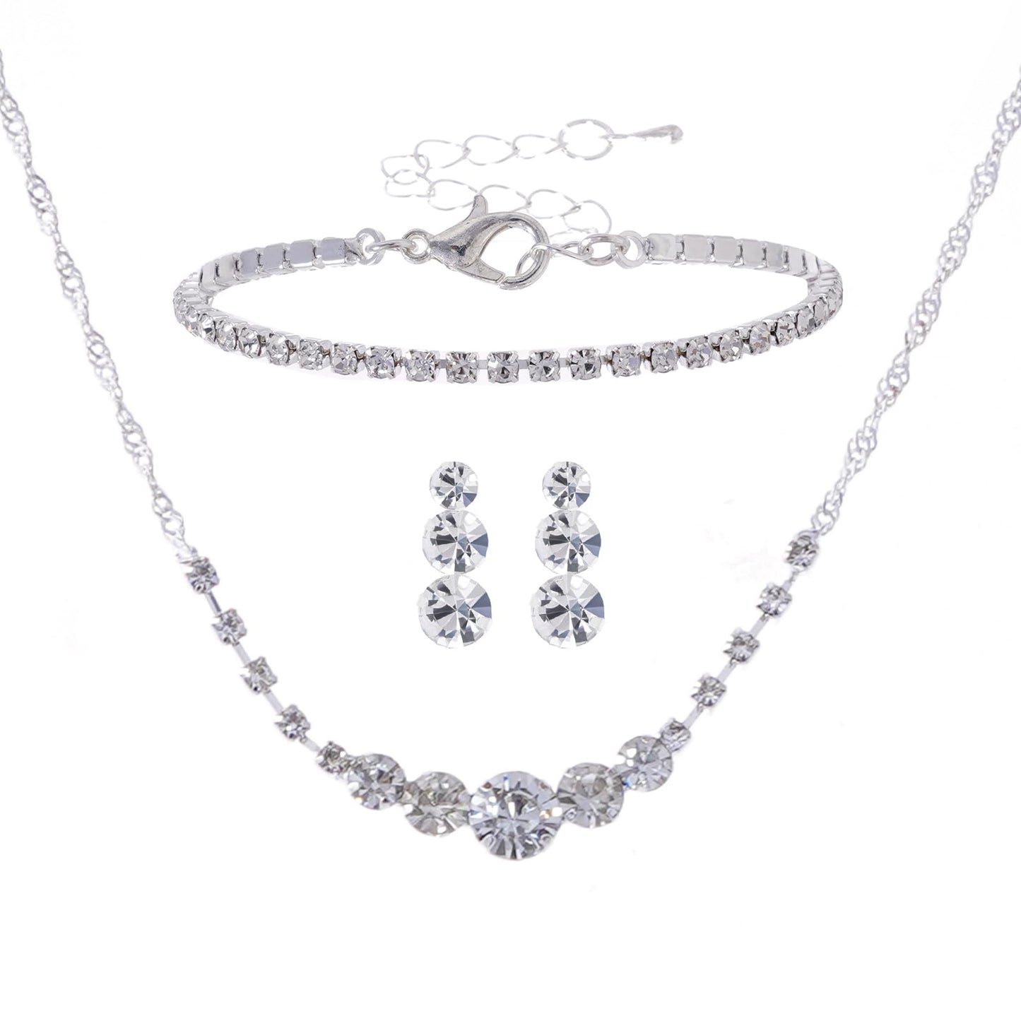Jmkcoz Women Jewelry Set Silver Necklace Earrings Bracelet Rhinestone Crystal Bridal Wedding Jewelry Sets for Brides Bridesmaid Wedding Party (Style 8)