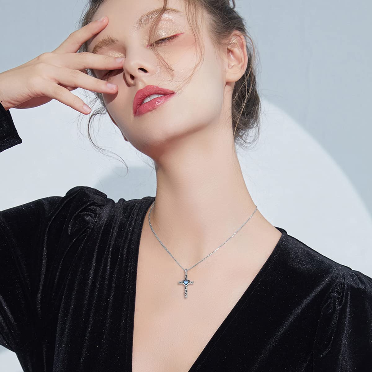 TOUPOP Aquamarine Cross Necklace for Women Sterling Silver March Birthstone Cross Pendant Necklace Heart Love Jewelry for Her Girlfriend Wife Mom Anniversary Birthday Mothers Day Gifts