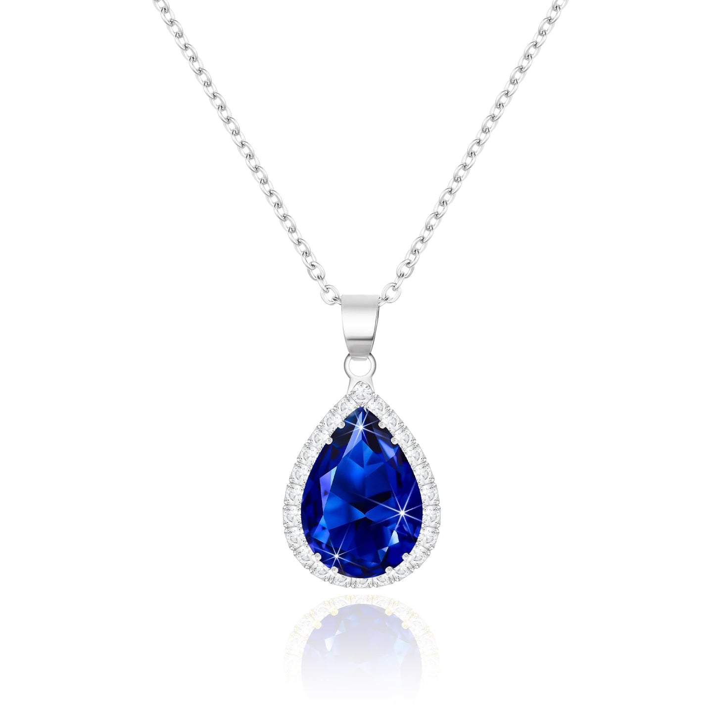 Linawe Sapphire Crystal Navy Blue Imitation Diamond Pendant Silver Necklace for Women Trendy, Cubic Zirconia Rhinestone Moonstone Moissanite Boho Wedding Jewelry Set