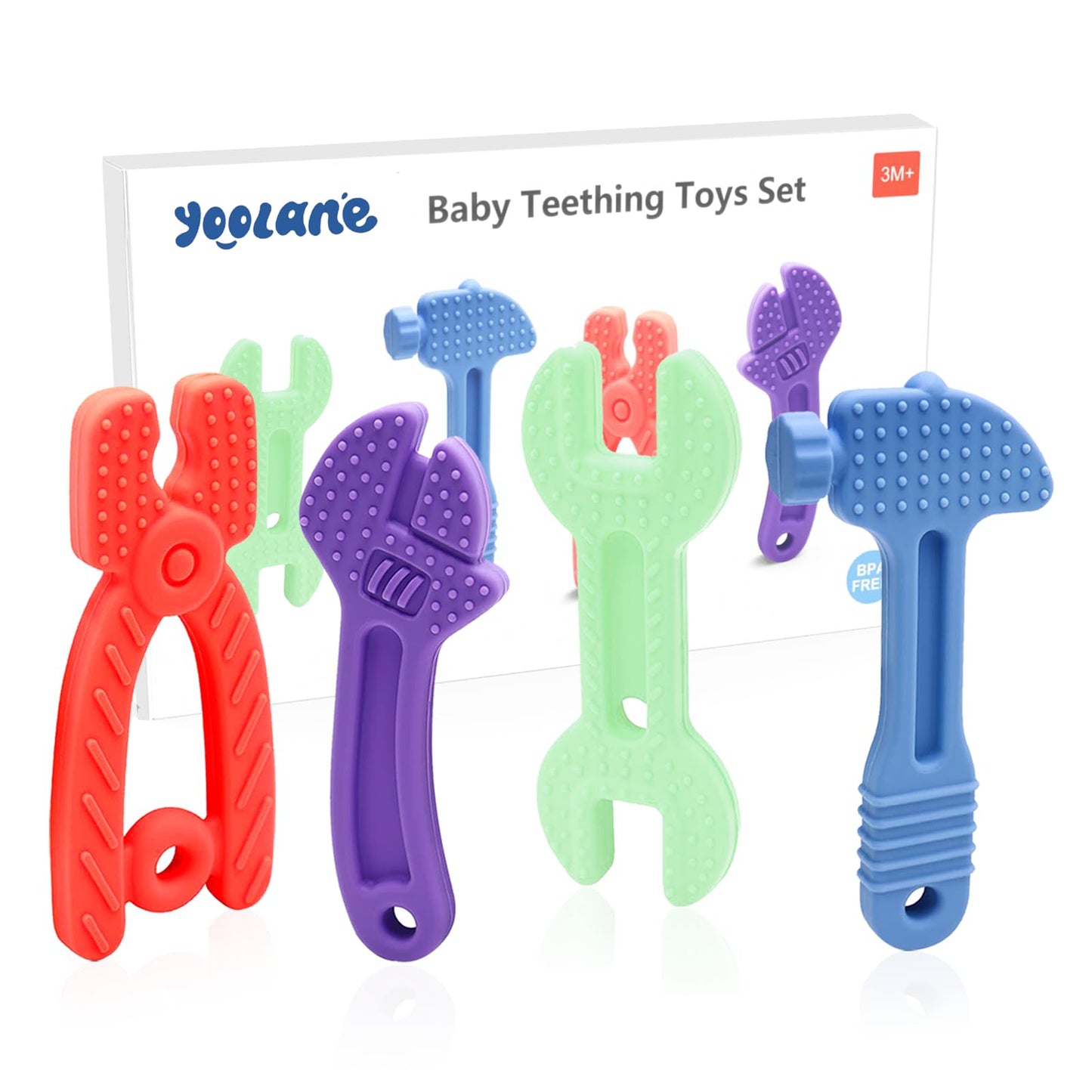 Yoolane Baby Teething Toys, Silicone Teether for Babies 3 6 12 18 Months, Tools Set Baby Teether Sensory Chew Toys for Toodler Infant, Newborn Stuff Essential Gift, BPA Free (4 Pieces)