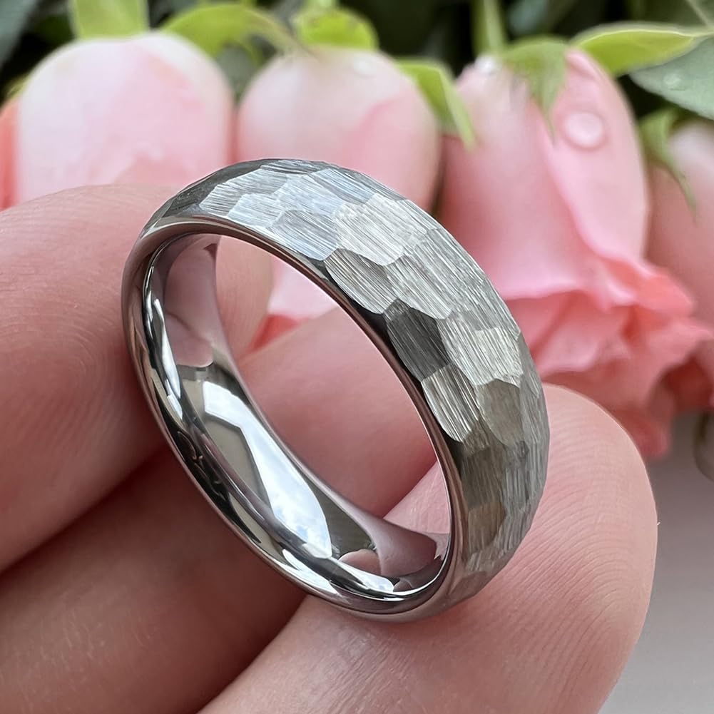 TUTISS 6mm Hammered Tungsten Rings for Men Women Fashion Engagement Wedding Bands Domed Matte Finish Comfort Fit Size 6
