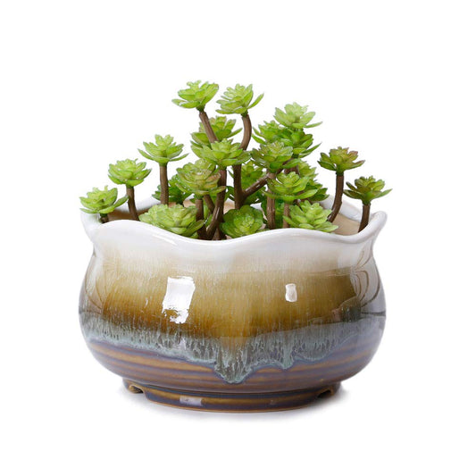 VanEnjoy Large Ceramic Succulent Pot, Multicolor Colorful Flowing Glazed, Indoor Home Décor Cactus Flower Bonsai Pot Planter Container, Candle Holder Ring Bowl (Brown C)