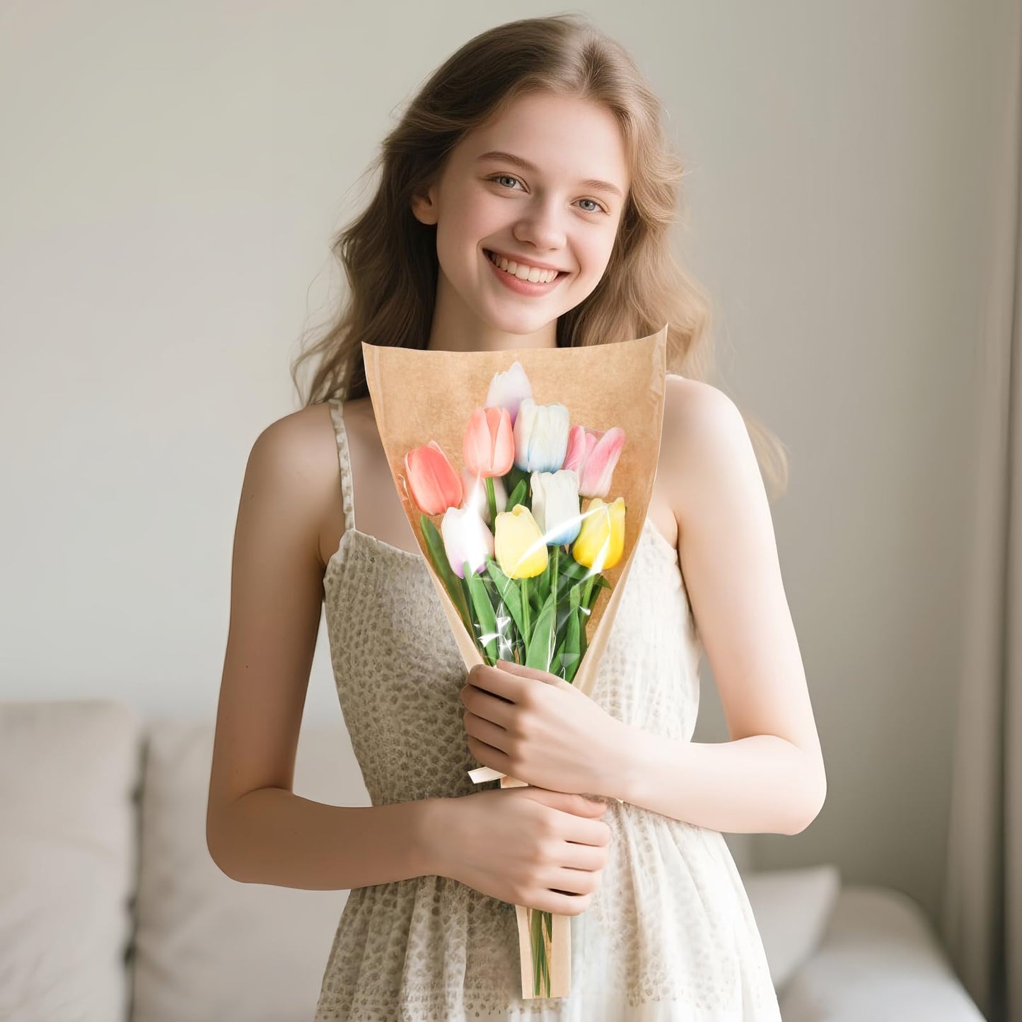 100Pcs Flower Bags for Bouquets Kraft Paper Flower Bouquet Bags for Floral Wrapping Flower Sleeves for Bouquets Florist Supplies Wrapping Paper for Birthday Wedding Valentines Day, 17.7x9.4x3.5 Inch