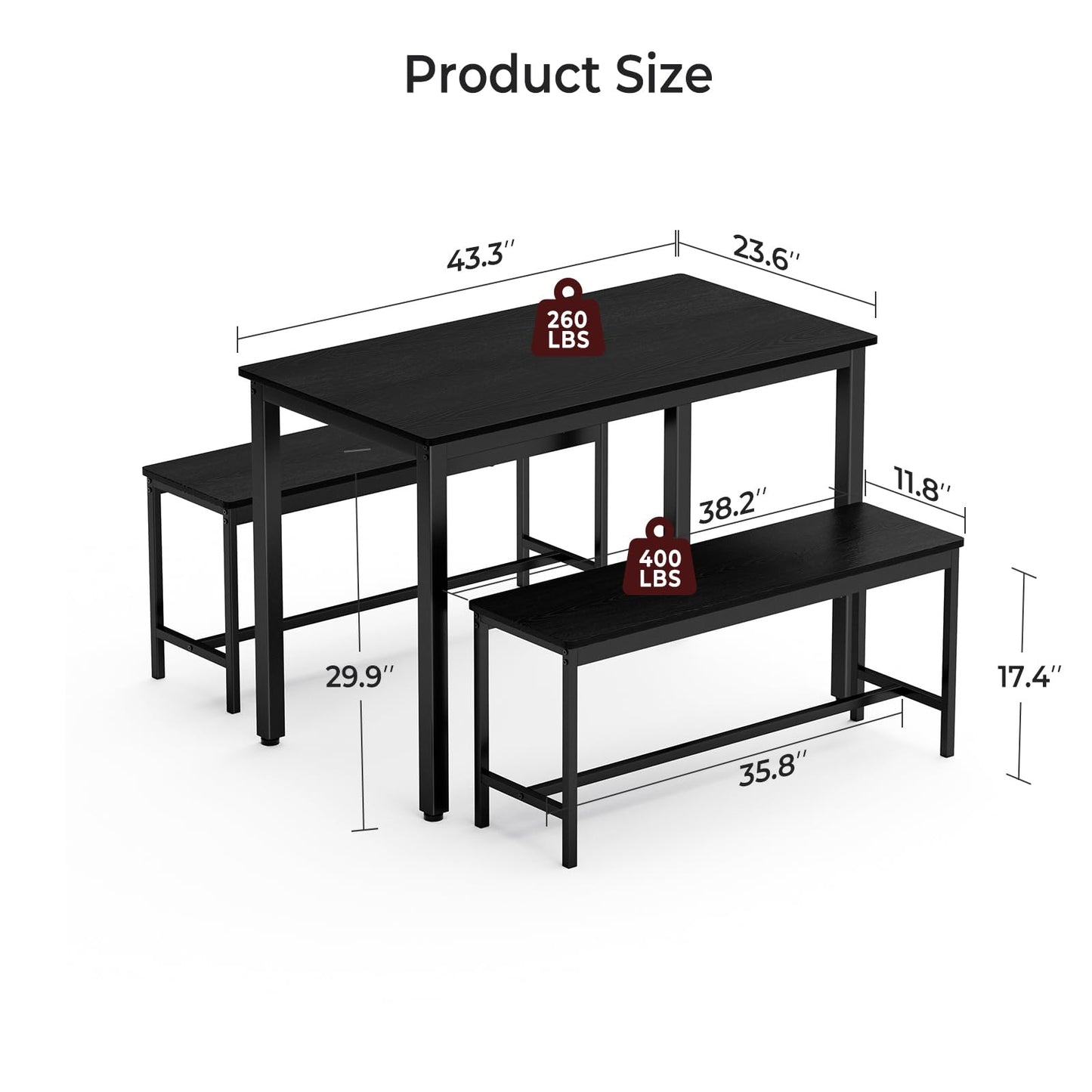 Tatub Dining Table Set for 4, 3-Piece Kitchen Table with 2 Benches, Space-Saving Dining Room Set for Breakfast Nook and Small Spaces, Black