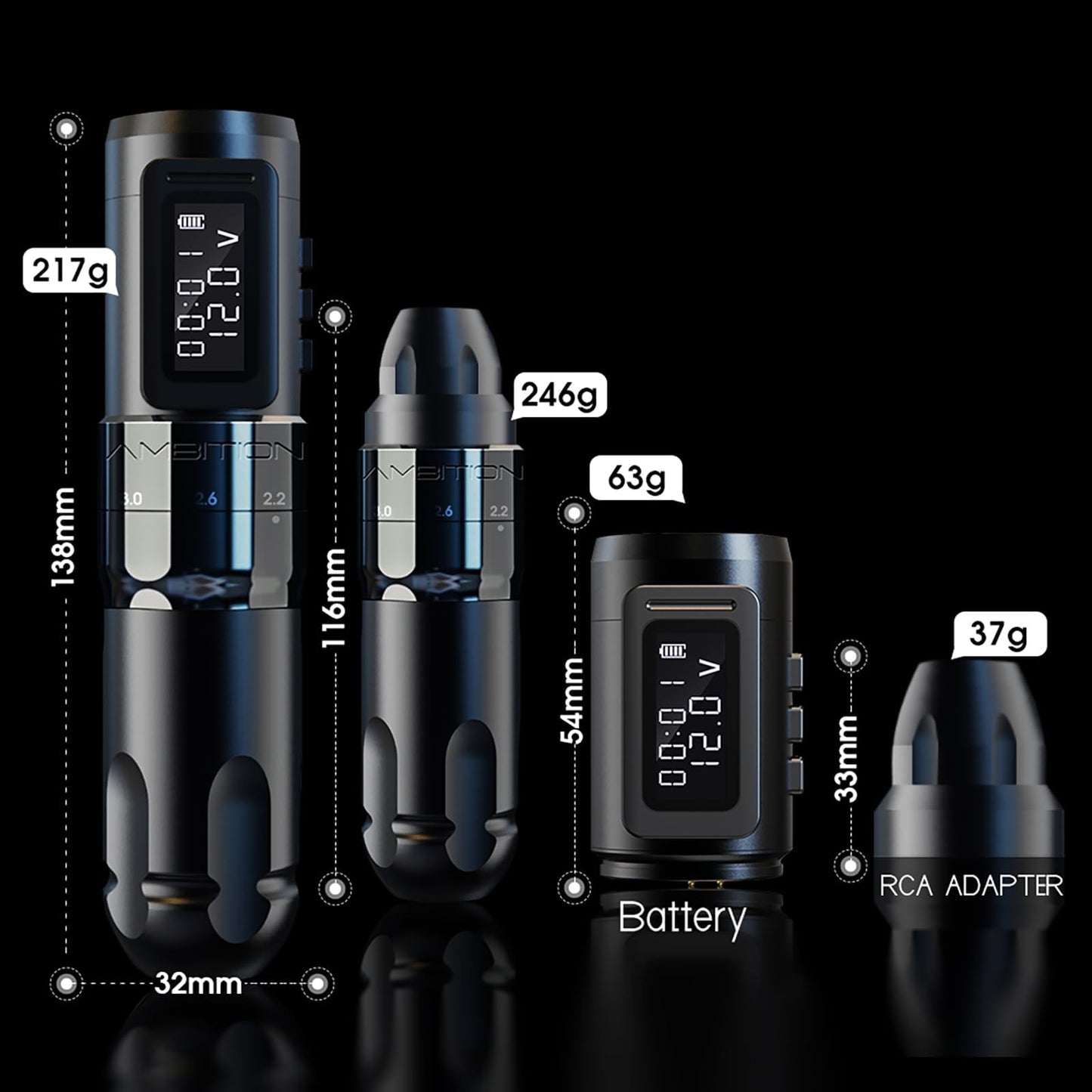 Tattoo Kit - Ambition Mars-U Wireless Tattoo Machine Kit with Adjustable Stroke 1800mAh Power Tattoo Gun Kit with 40pcs Tattoo Cartridges Needles Gloves Bandage Practice Skin for Tattoo Artists