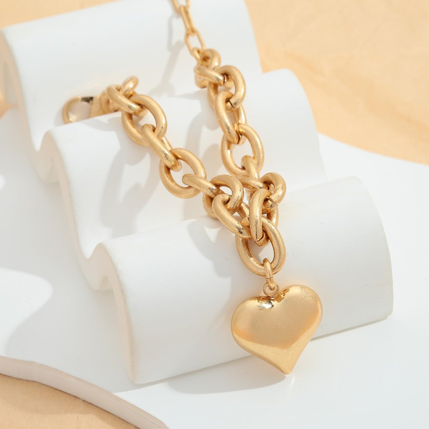 ENSKEFEN Puffy Heart Charm Bracelets for Women Chunky Love Heart Link Bracelets Adjustable Matte Gold Chain Bangle Bracelet