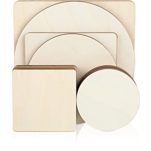 32 Pieces Unfinished Blank Wood Circles Squares for Crafts 3 Sizes Christmas Natural Wood Cutouts Tiles Round DIY Blank Discs for Tree Hanging Decor